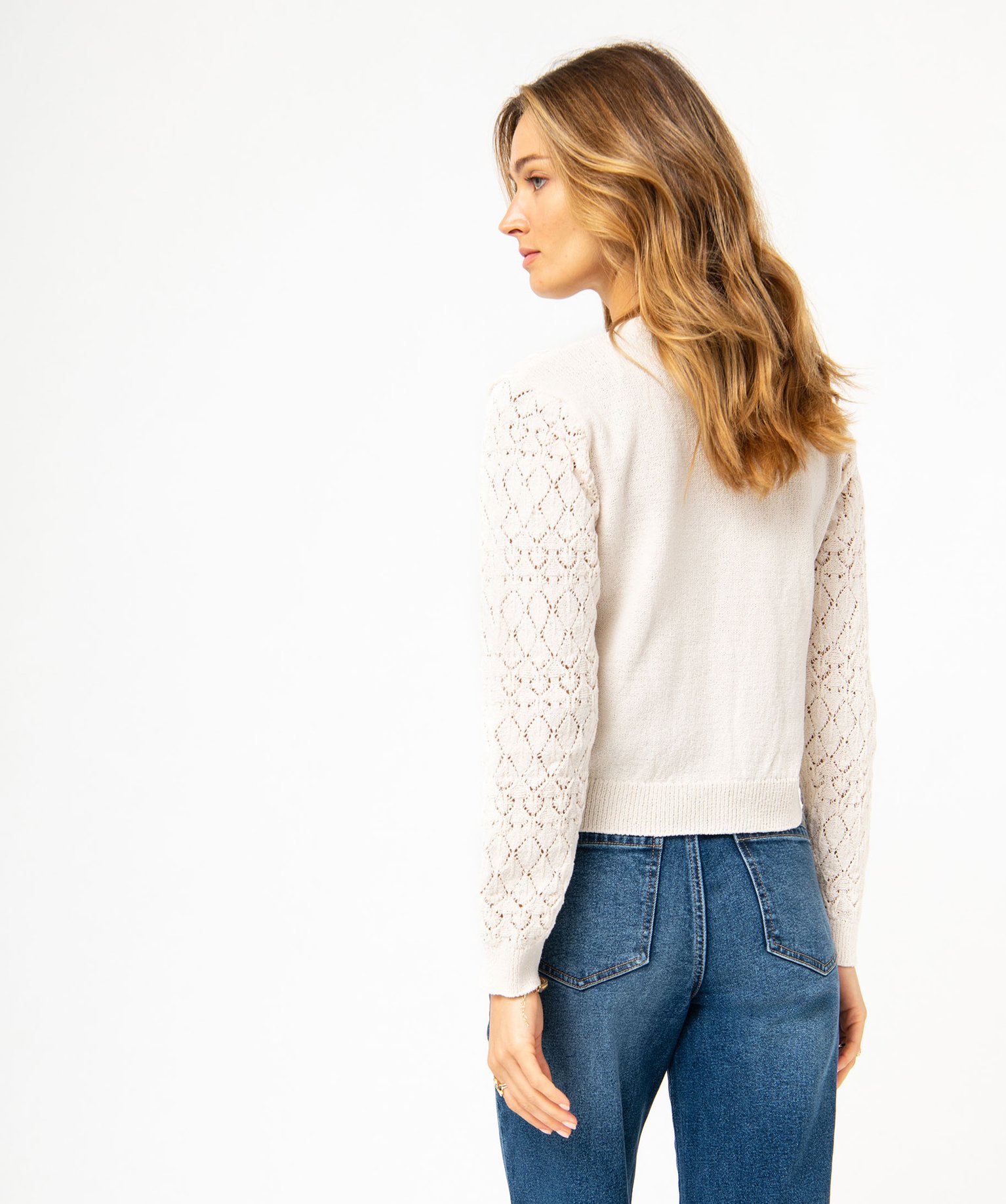 Gilet court à col V en maille ajourée femme ecru | GEMO