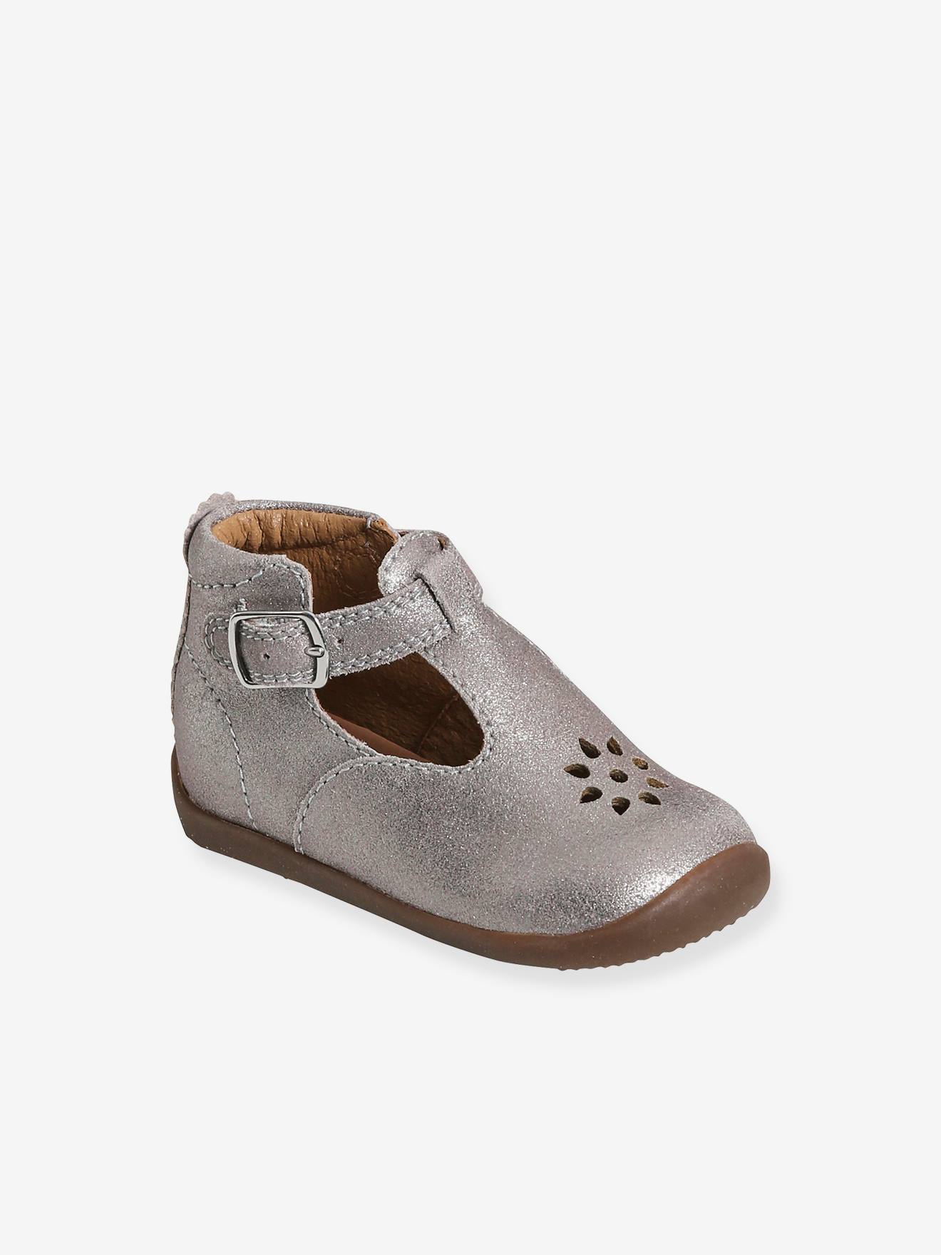 Salomés cuir pailleté bébé fille premiers pas taupe métallisé