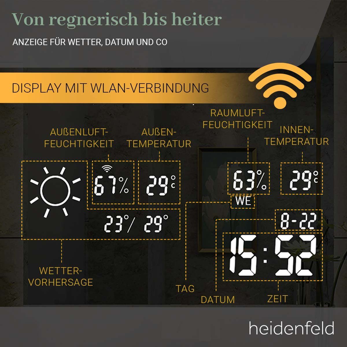 Heidenfeld Infrarotheizung Spiegelheizung HF-HS200 inkl. Touchdisplay 10 Jahre Garantie, Spiegel - Rahmenbeleuchtung - Anti-Beschlag - bis 500 Watt - WIFI