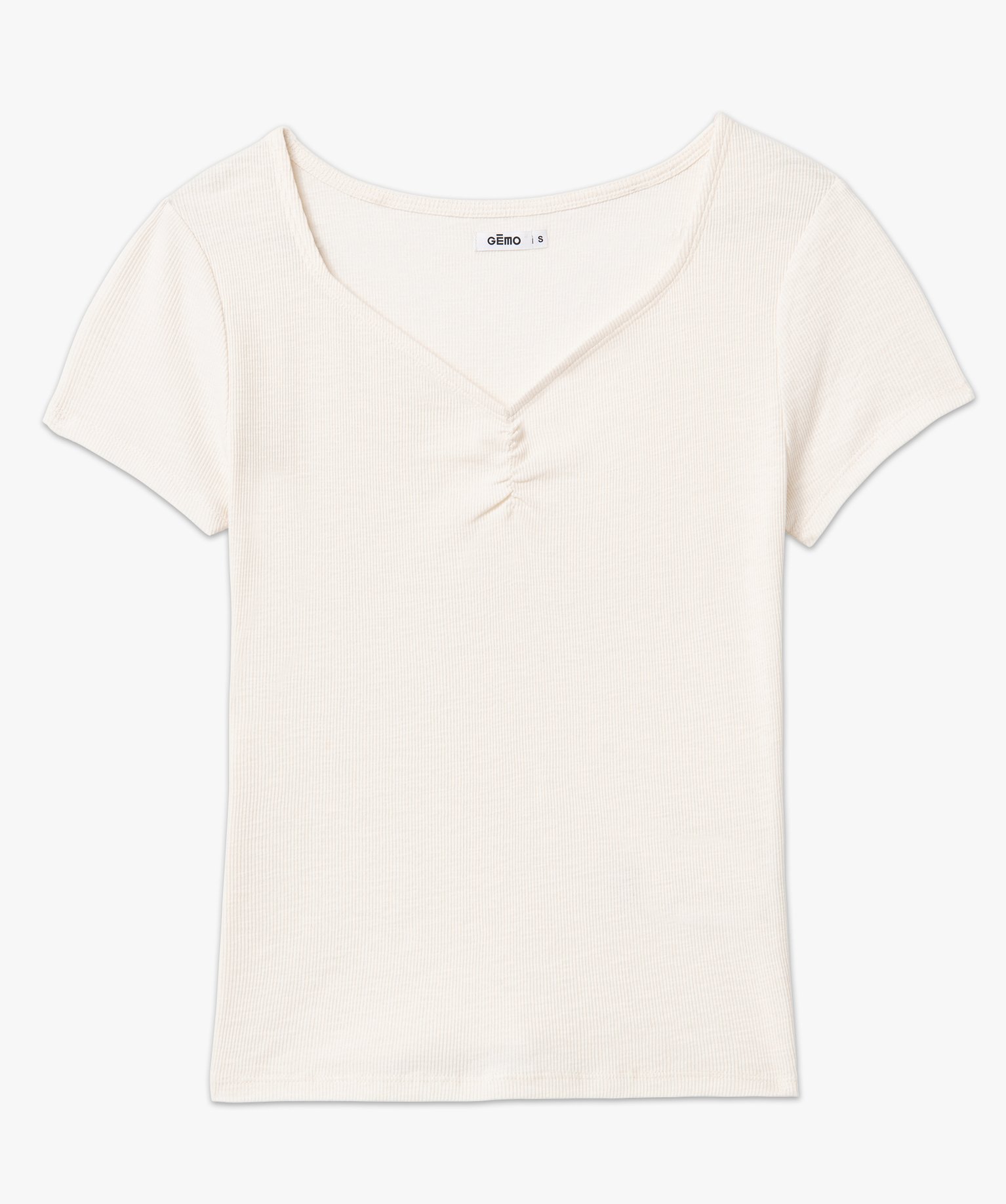 Tee-shirt femme en maille ctelée avec col V froncé ecru | GEMO