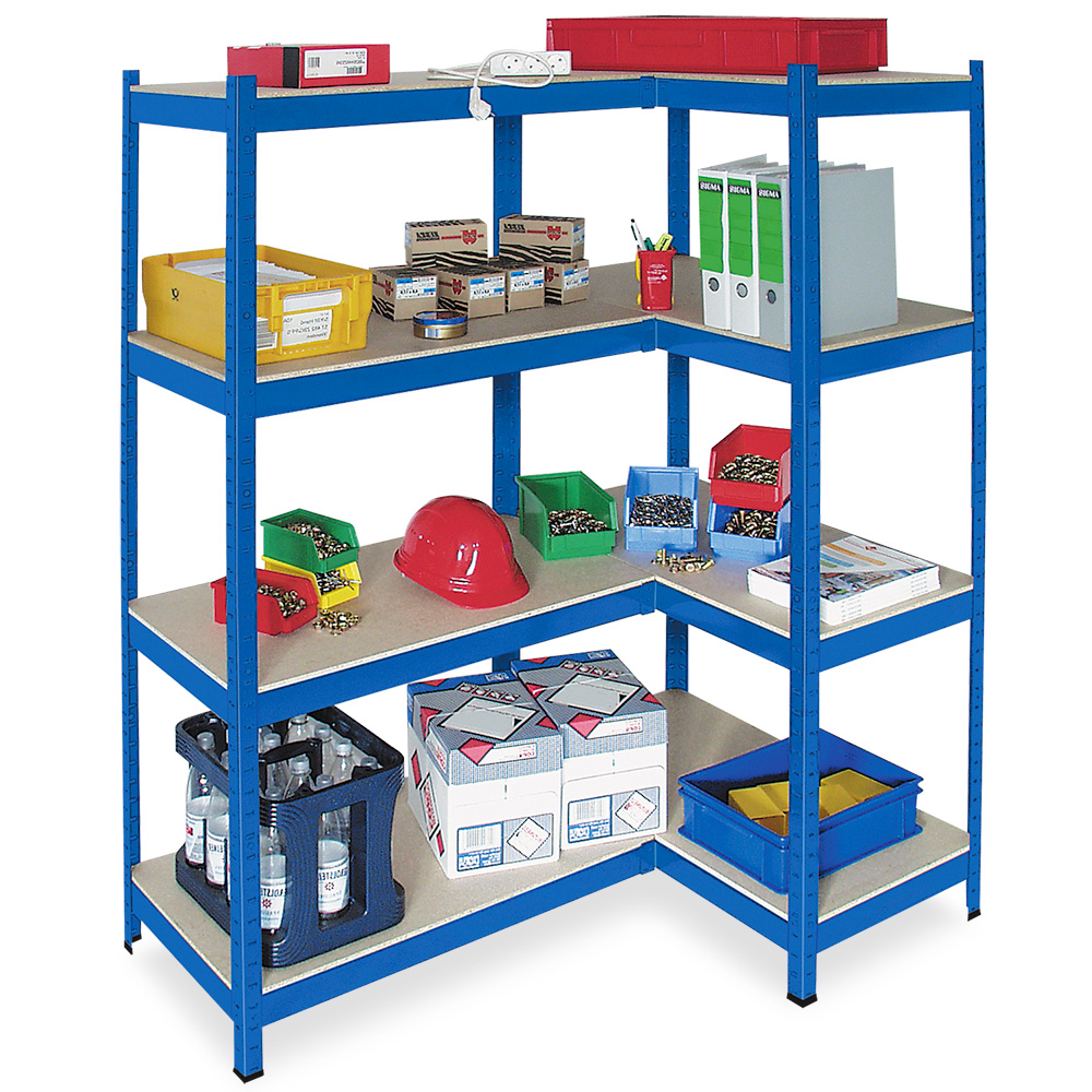 BRB Schwerlast-Steck-Kompletteckregal, blau, links, Tragkraft 265 kg/Ebene, HxBxT 1800x900/1300x400 mm