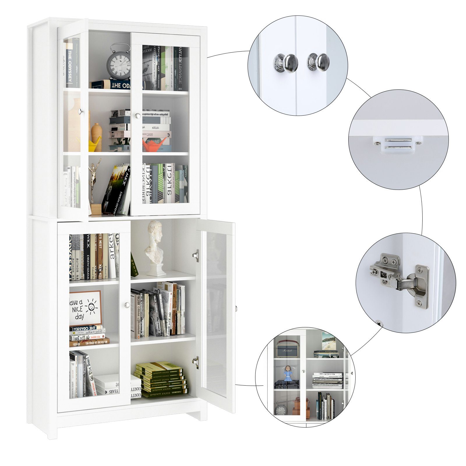 Homfa Hochschrank Vitrinenschrank, 190cm hoch Bücherschrank, mit Türen, Weiß