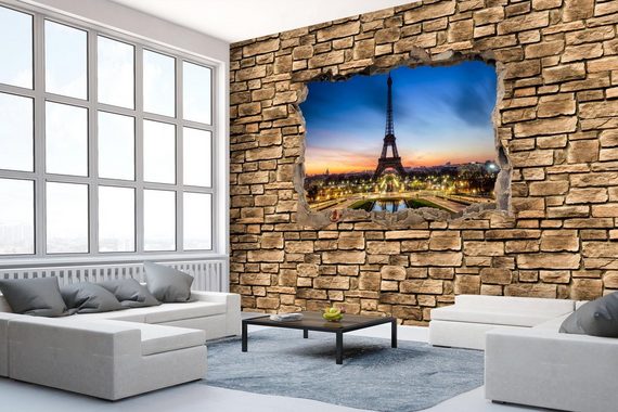 wandmotiv24 Fototapete 3D Eiffelturm bei Nacht Frankreich - Steinmauer, glatt, Wandtapete, Motivtapete, matt, Vliestapete