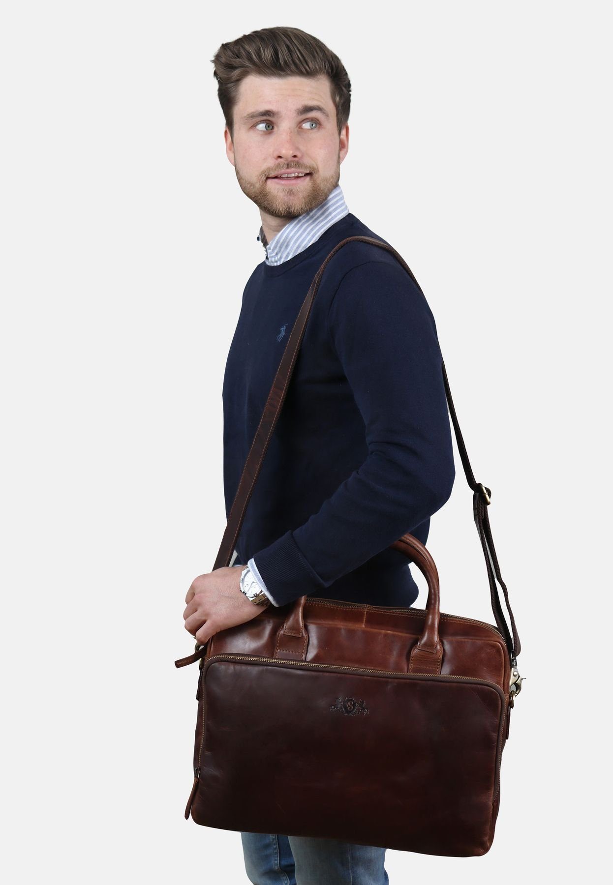 SID & VAIN Laptoptasche Leder Businesstasche Unisex RYAN, Laptoptasche 15,4 Zoll, Aktentasche Echtleder Damen Herren braun