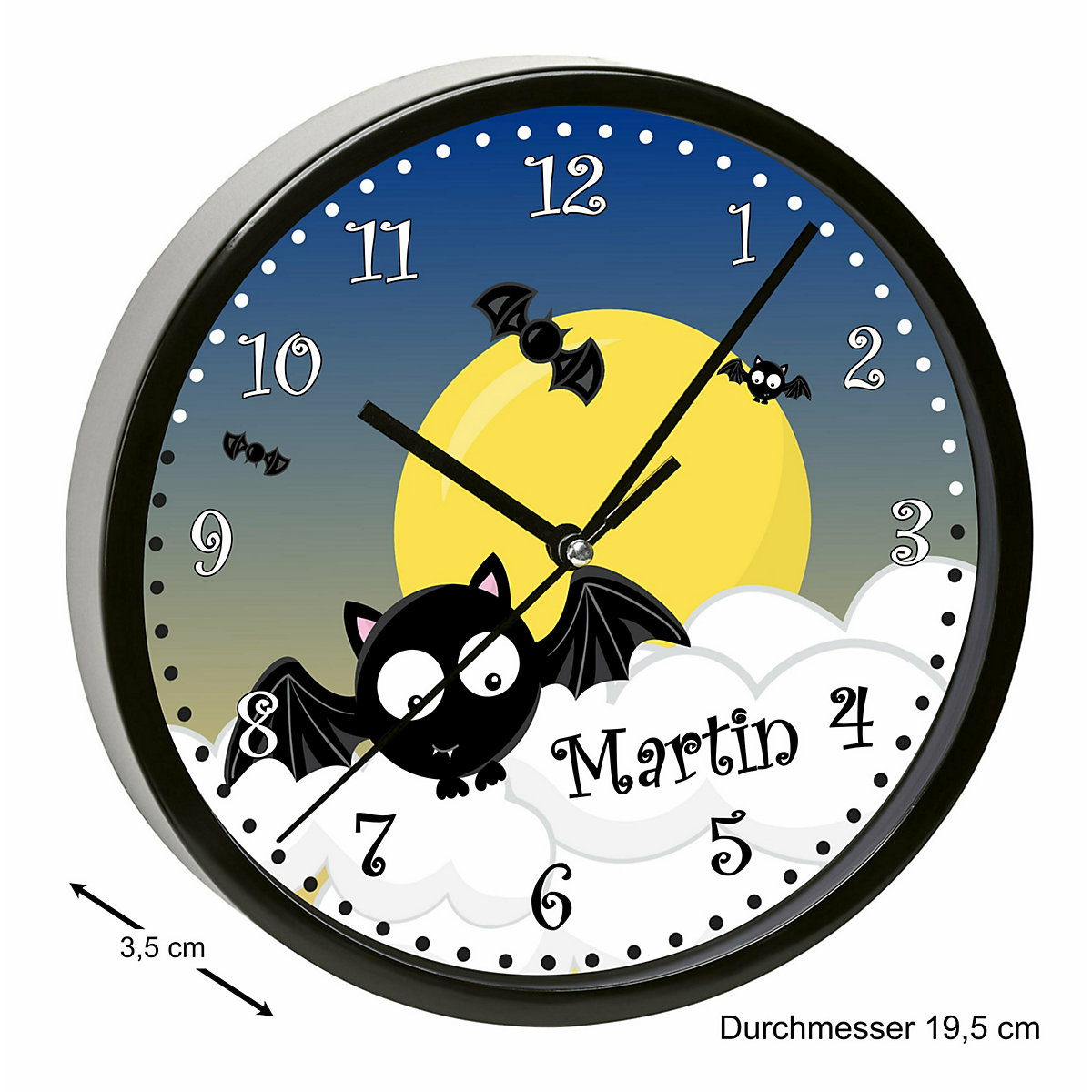 Kinder Wanduhr laufruhig personalisiert mit Name Fledermaus