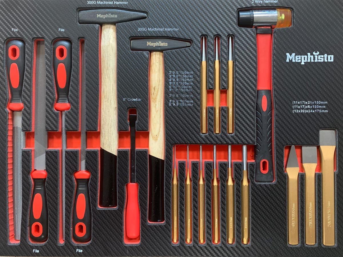 Mephisto-Tools Werkstattwagen, (fertig montiert und bestückt), 8 abschließbare Schubladen, je Schublade belastbar bis je 35 kg, 2 Schlüssel inkl., kugelgelagerte Rollen mit Gummierter Beschichtung, Werkzeug ist aus hochwertigem Chrom Vanadium Stahl,