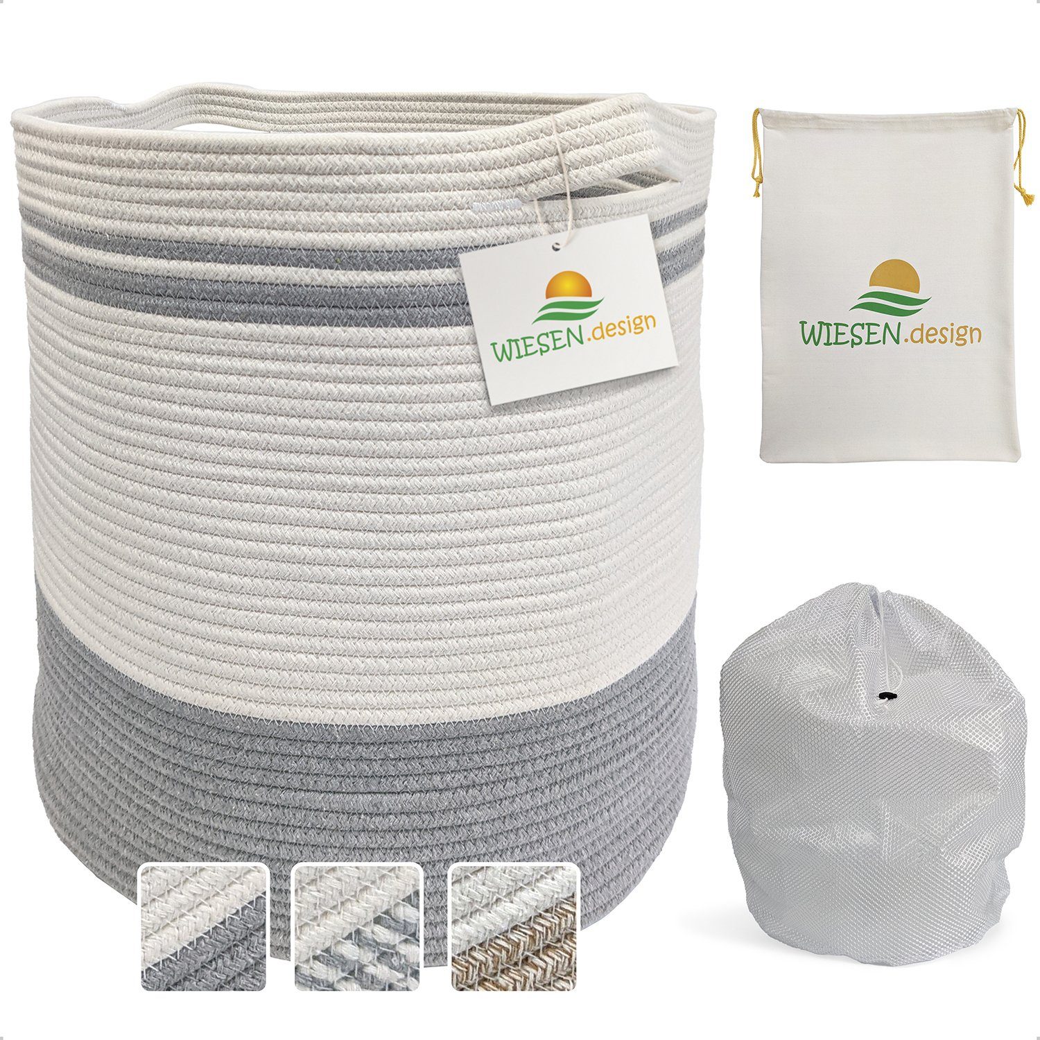 WIESEN.design Wäschekorb Ben Ø41xH46 cm 61L, 100% Baumwolle, Aufbewahrungskorb geflochten, inkl. großem Waschsack und schwerem Wäschesack, gratis Versand