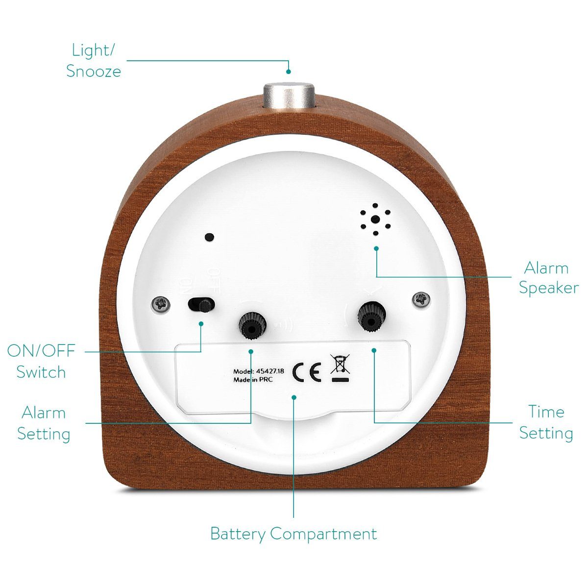 Navaris Reisewecker Retro Wecker aus Holz - Mit Snooze und Alarmlicht, leise