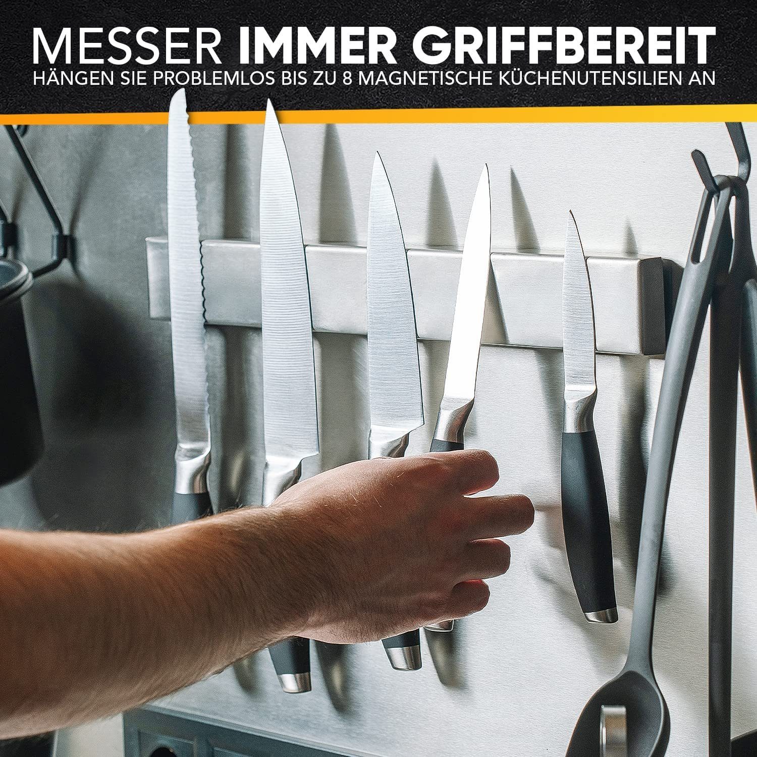 Loco Bird Wand-Magnet Messer-Leiste 40cm Edelstahl - selbstklebend mit 3M VHB Klebeband (1tlg), Magnetische Messerleiste für Küche / Werkzeug - Wandmontage, bohrfrei