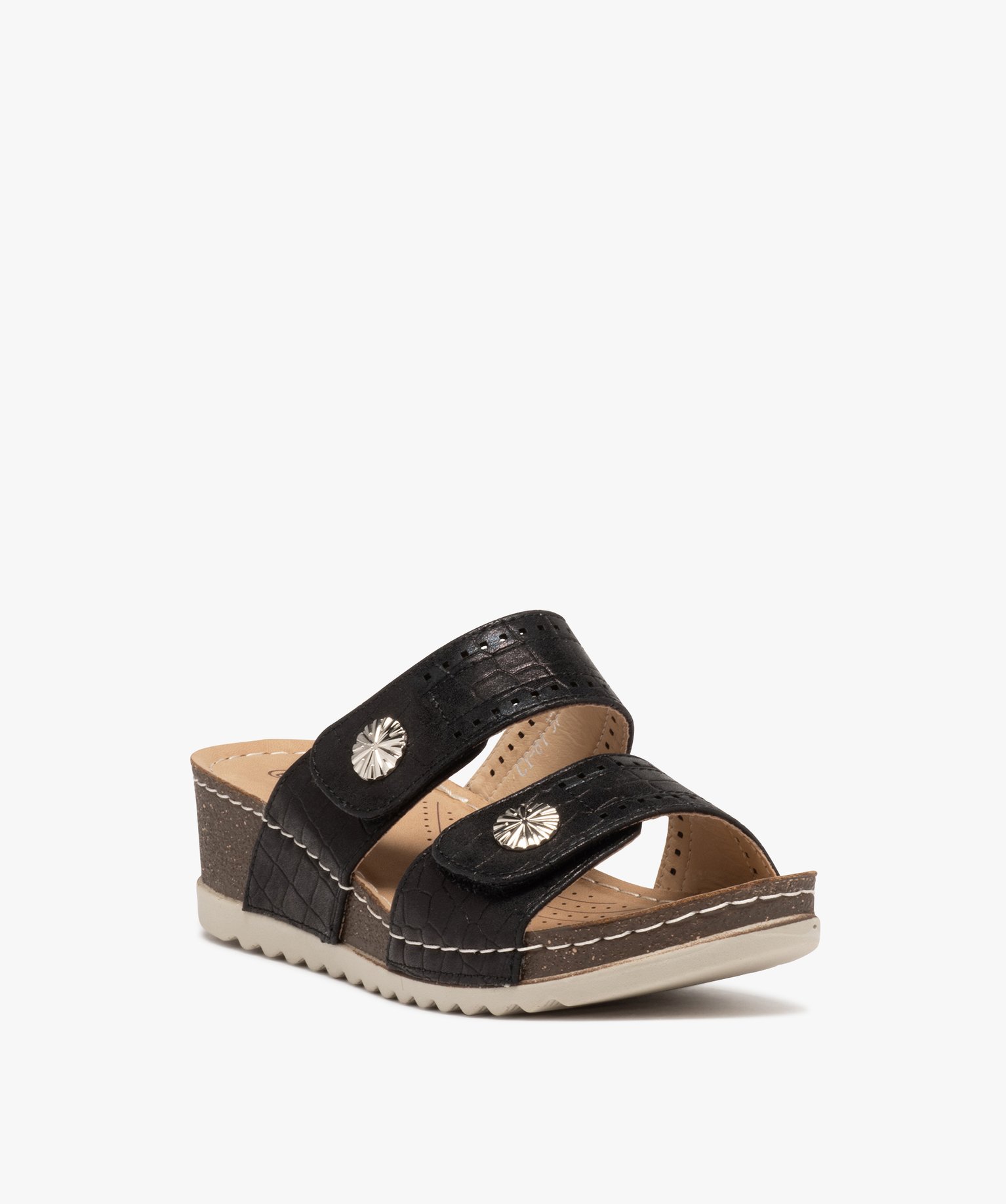 Mules femme confort à talon compensé et brides fantaisie noir | GEMO