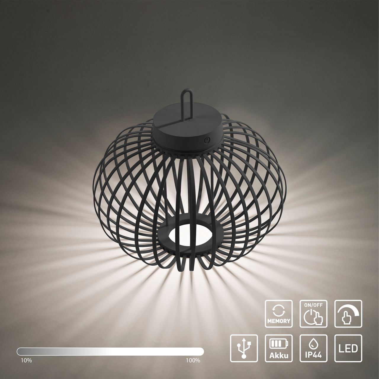 JUST LIGHT Akku Pendelleuchte AKUBA, 1x LED-Board/1,50Watt/2700Kelvin, IP44, Schwarz