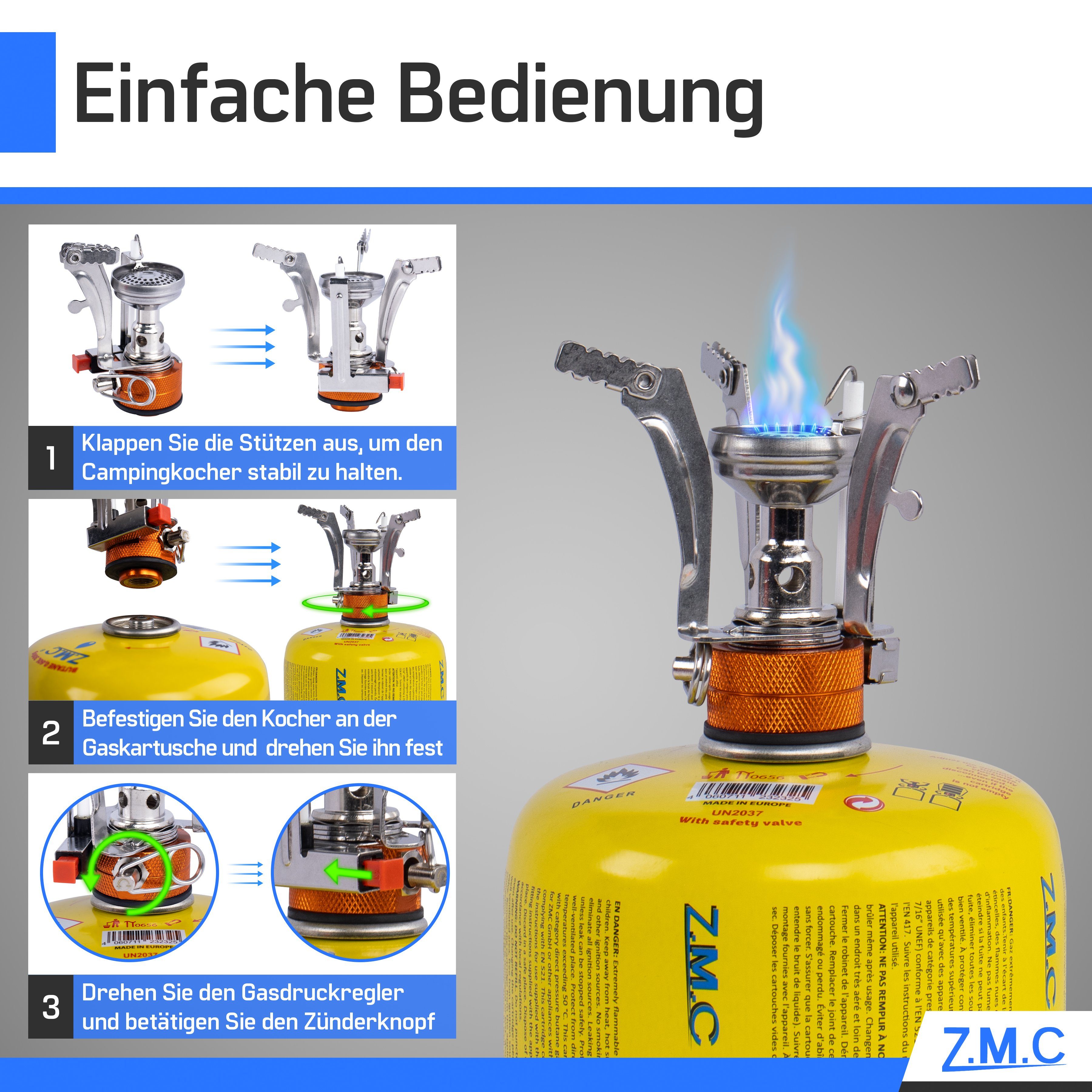ZMC Gaskocher Mini Outdoor Campingkocher 3200W, (Butan Gas Kartusche Piezozündung Kochfeld), Camping Gas Kocher Stove Herd Kartuschenkocher Faltbar Butangas