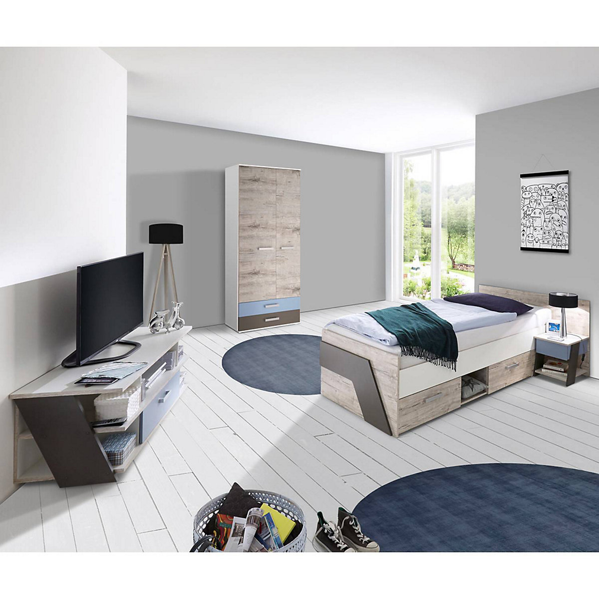 Jugendzimmer Set mit Bett 90x200 cm mit Kleiderschrank LEEDS-10 in Sandeiche Nb. mit weiß, Lava und Denim Blau