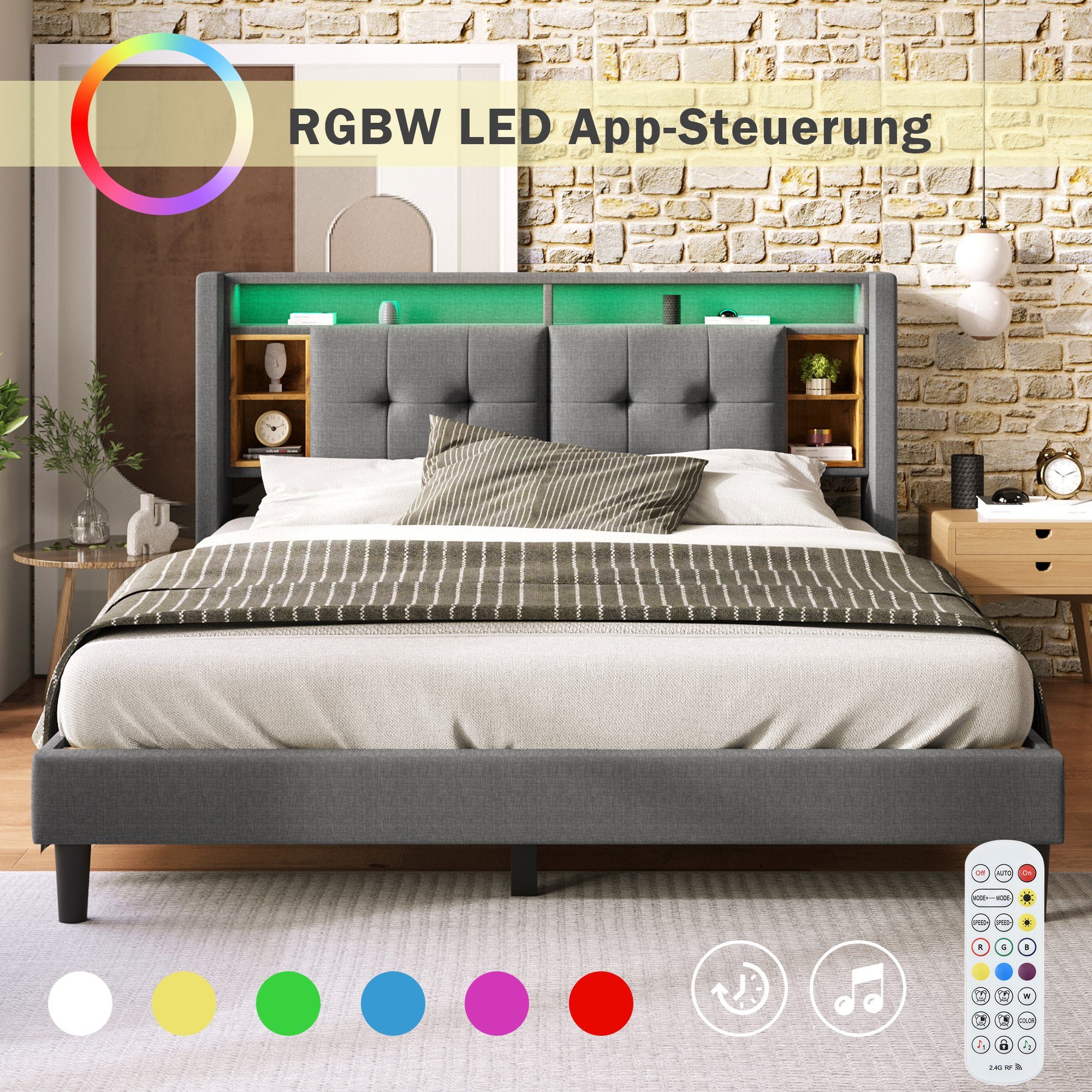 Flieks Polsterbett, LED-Beleuchtung Doppelbett mit Steckdose 140x200cm Leinen