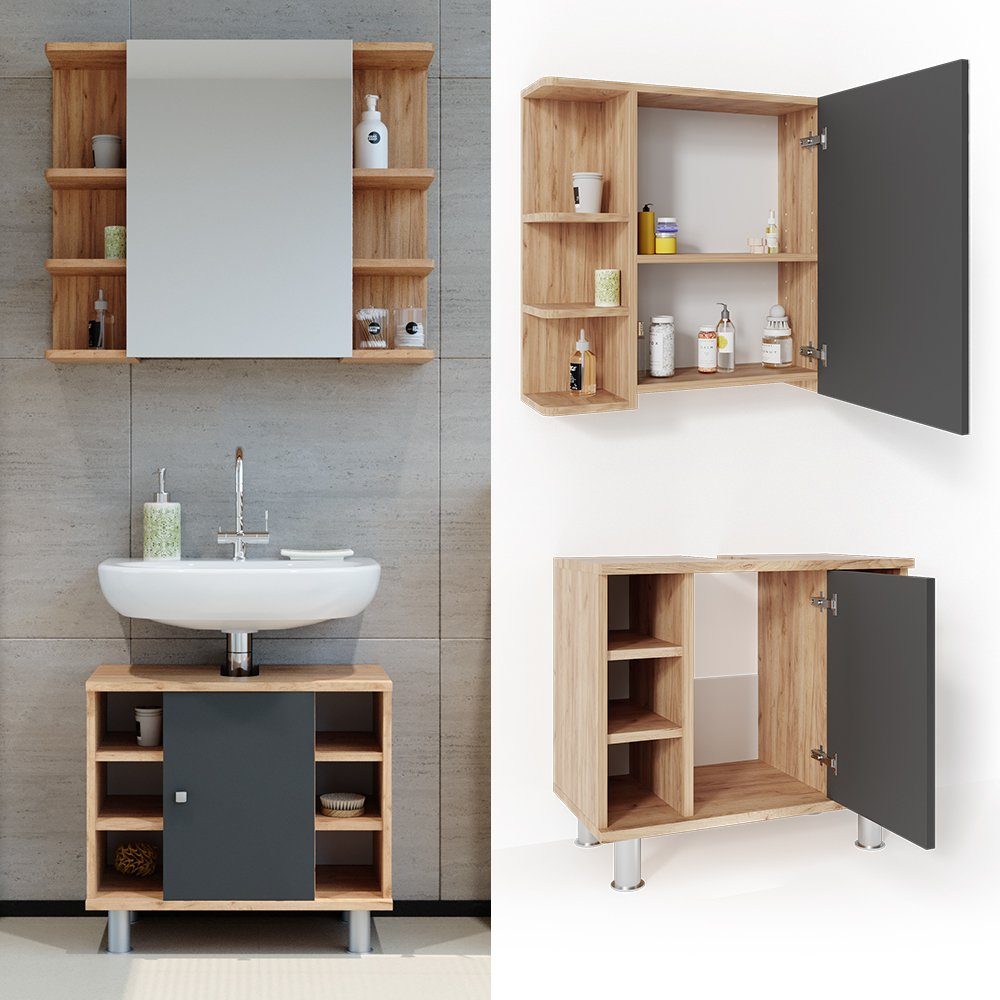 Vicco Badmöbel-Set Badezimmerset FYNN Eiche / Anthrazit Set 1, (2-er Set, 2-St., 2-er Set)