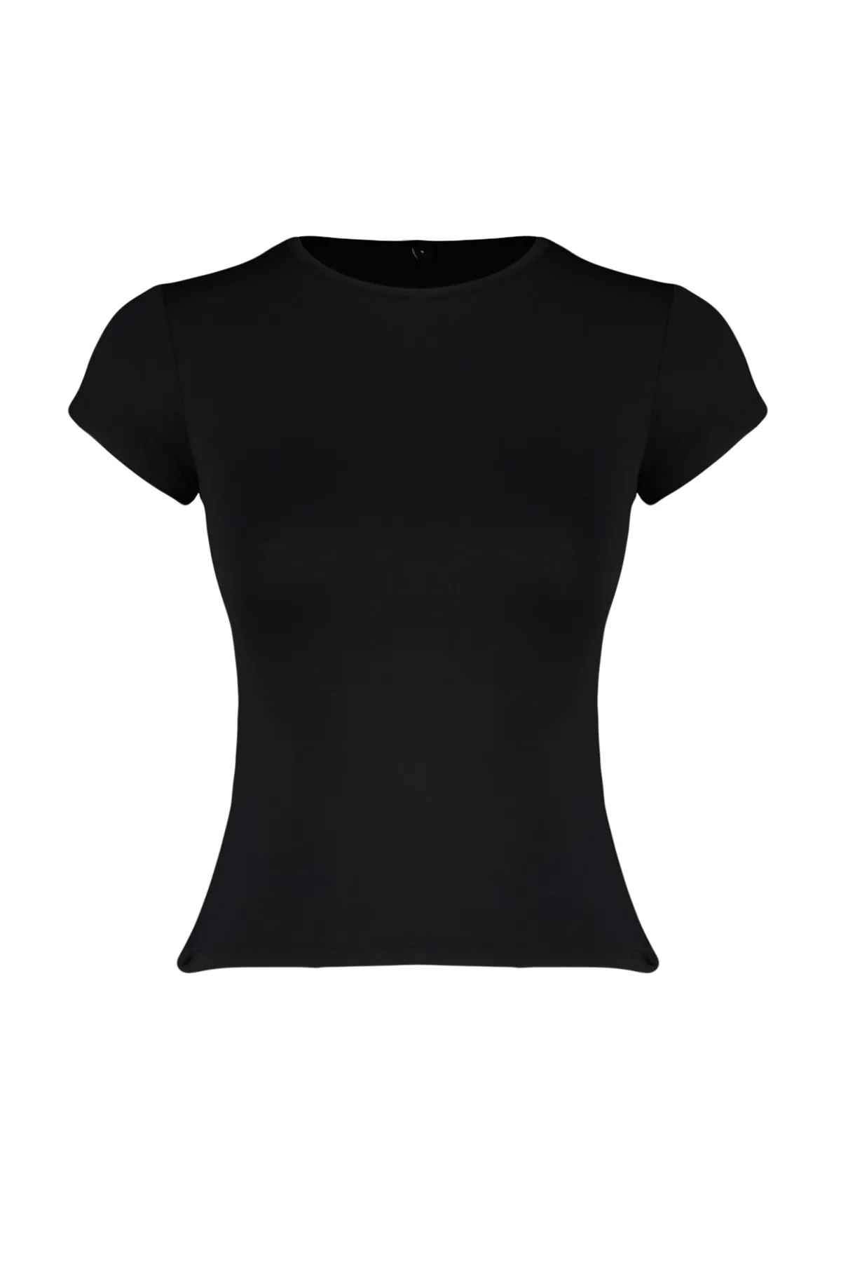 Trendyol Collection  Schwarzes tailliertes T-Shirt aus Polyamid mit Rundhalsausschnitt – super dehnbar, kurze Ärmel TWOSS24TS00238