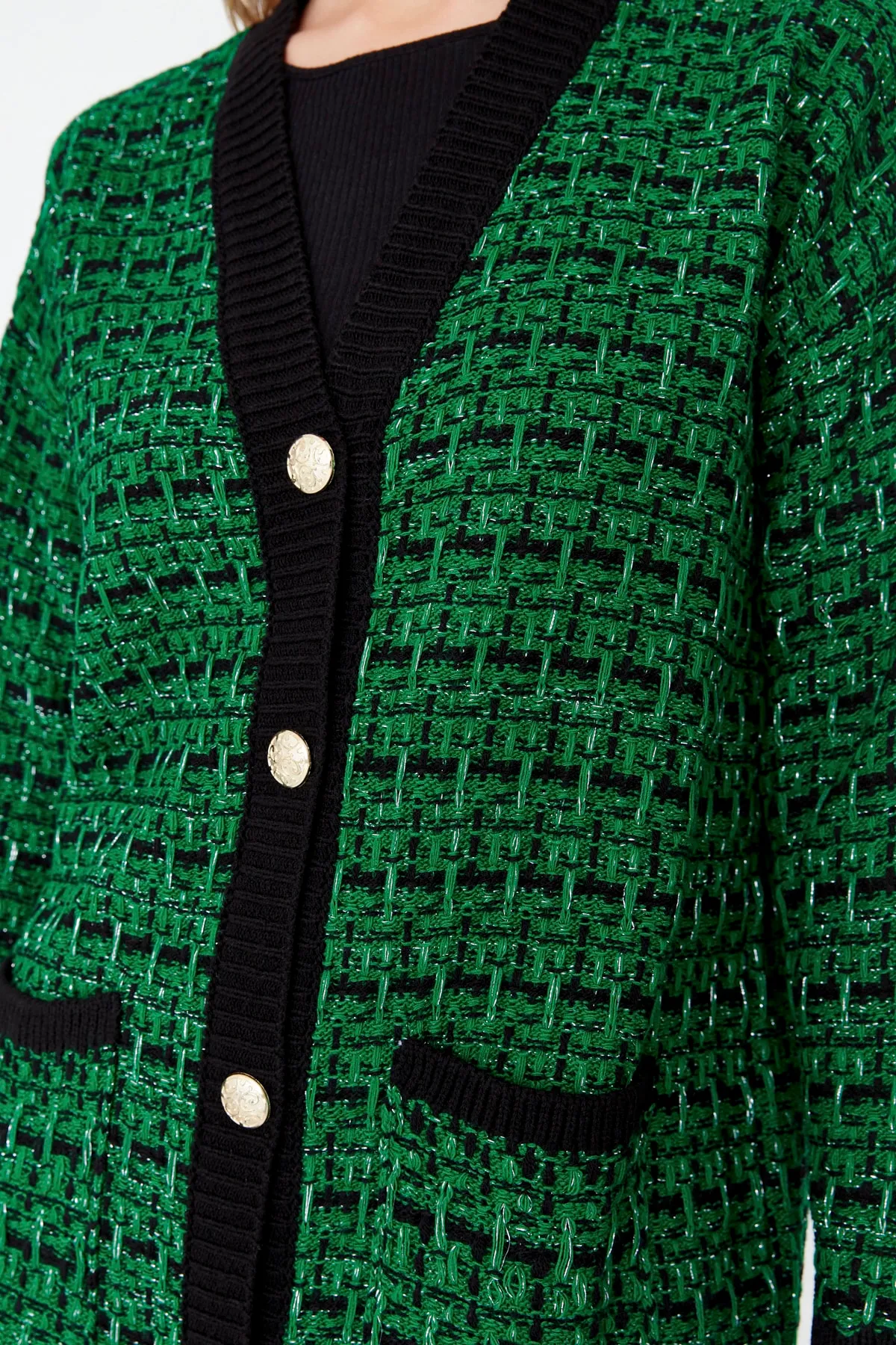 Trendyol Collection  Grüner, glitzernder Strickcardigan in Tweed-Optik mit weiter Passform TWOAW21HI0250