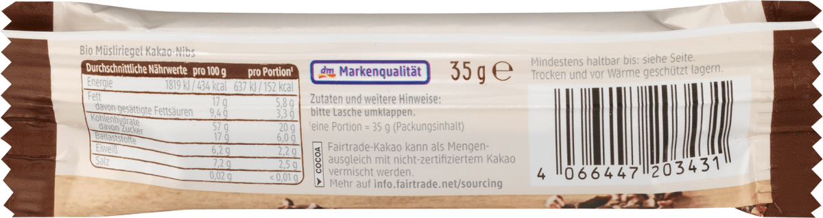Müsliriegel, Hafer Kakao mit Kakao Nibs, 35 g