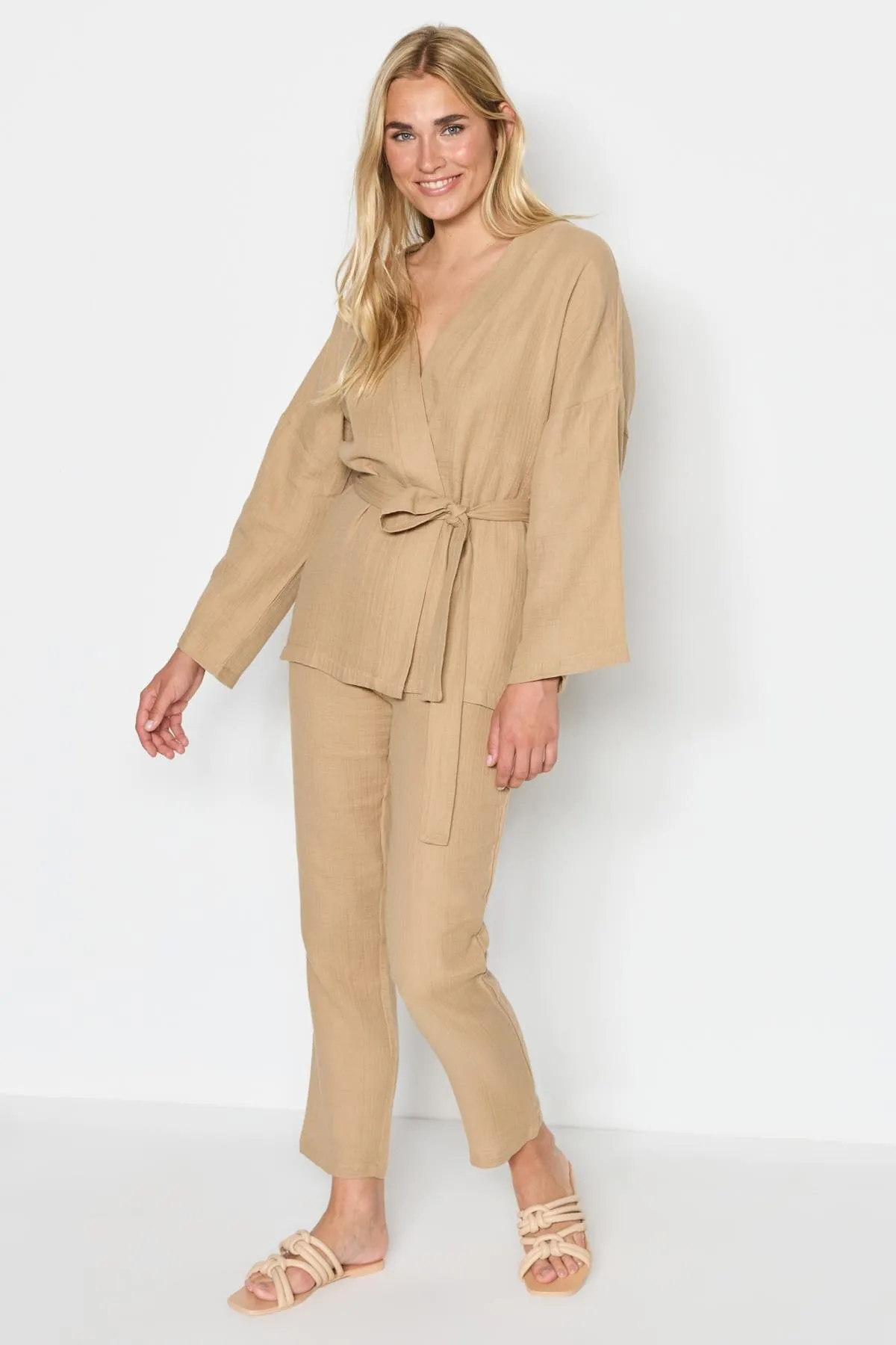 C&City  3-teiliges Kimono-Set aus Bio-Baumwoll-Musselin 9120 Beige