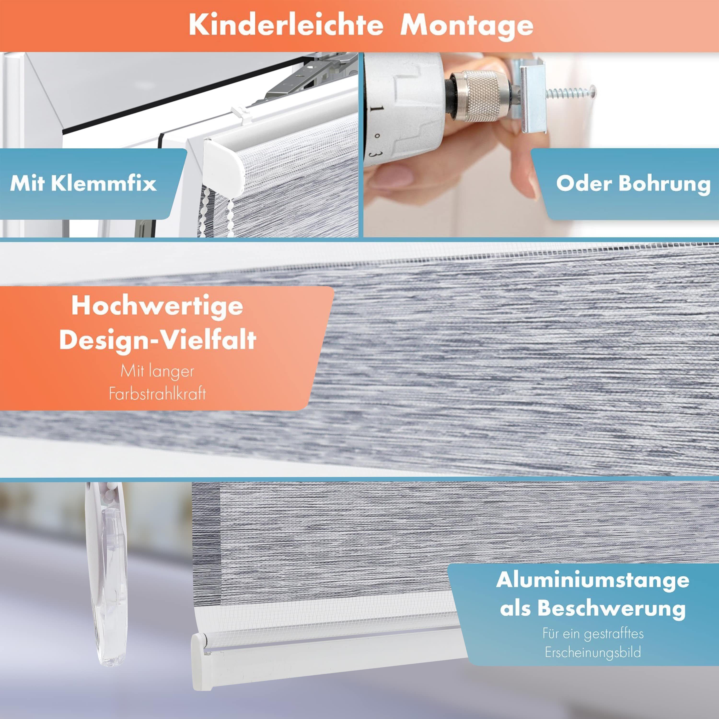 Doppelrollo Duorollo mit Klemmträger, Klemmrollos für Fenster, Bailena, Lichtschutz, ohne Bohren, freihängend, Klemmfix, blickdicht