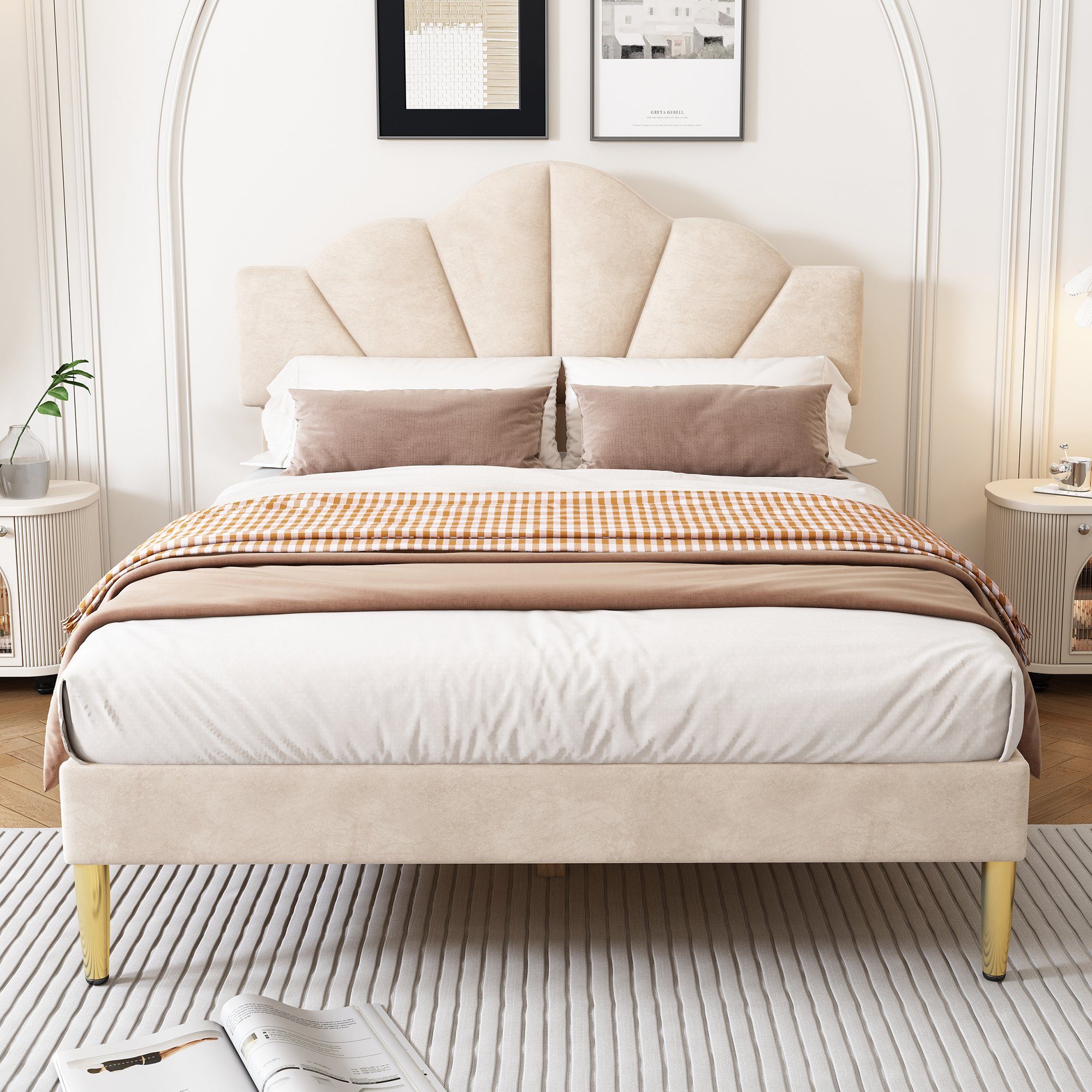 OKWISH Polsterbett muschelartiges Bett (140 X 200 CM Ohne Matratze), Höhenverstellbares Kopfteil,Bett mit goldenen Eisenbeinen