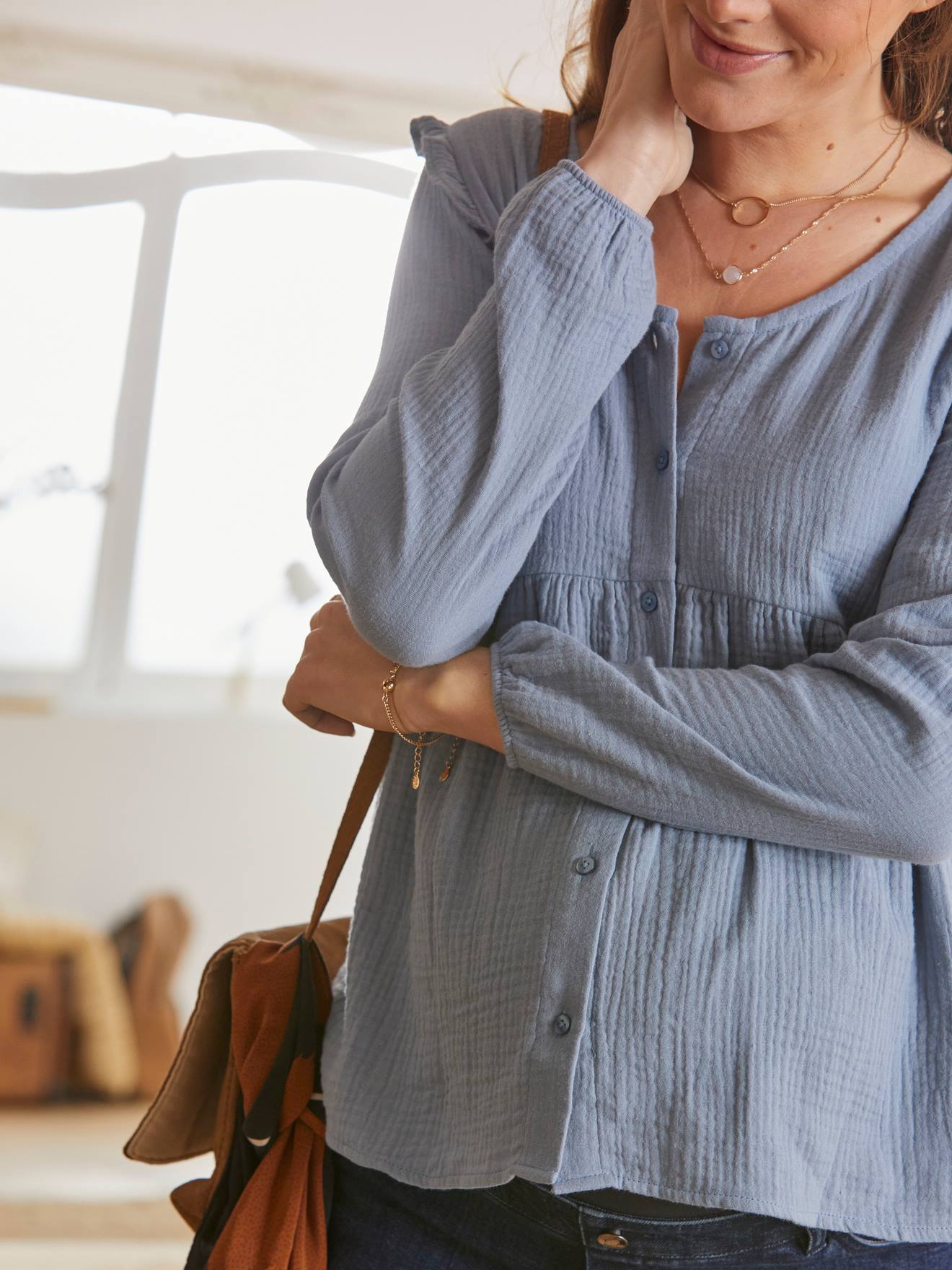 Blouse de grossesse et d'allaitement gaze de coton vert d'eau