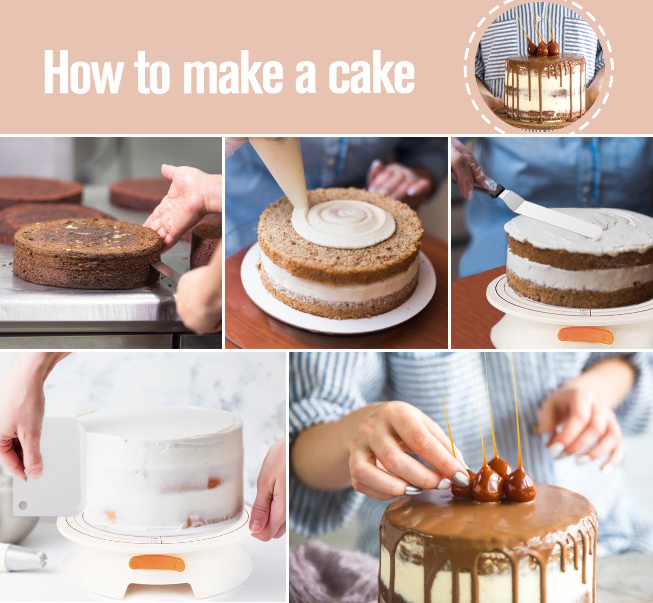 Homewit Tortenplatte Kuchenplatte Drehbar Abschließbar 30cm Tortenständer Kuchen Drehteller, (Set, 1-tlg., mit 2 Winkelpalette, 3 Icing Smoother), für Backen Gebäck, Zuckerguss, Mustern