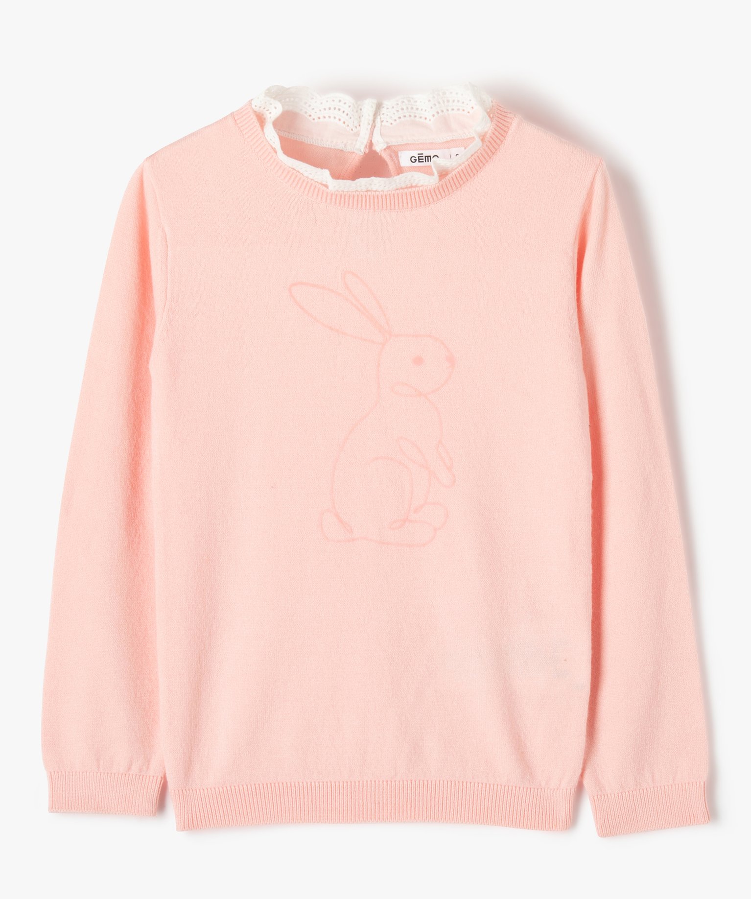 Pull fille en fine maille à col dentelle et motif animal rose | GEMO