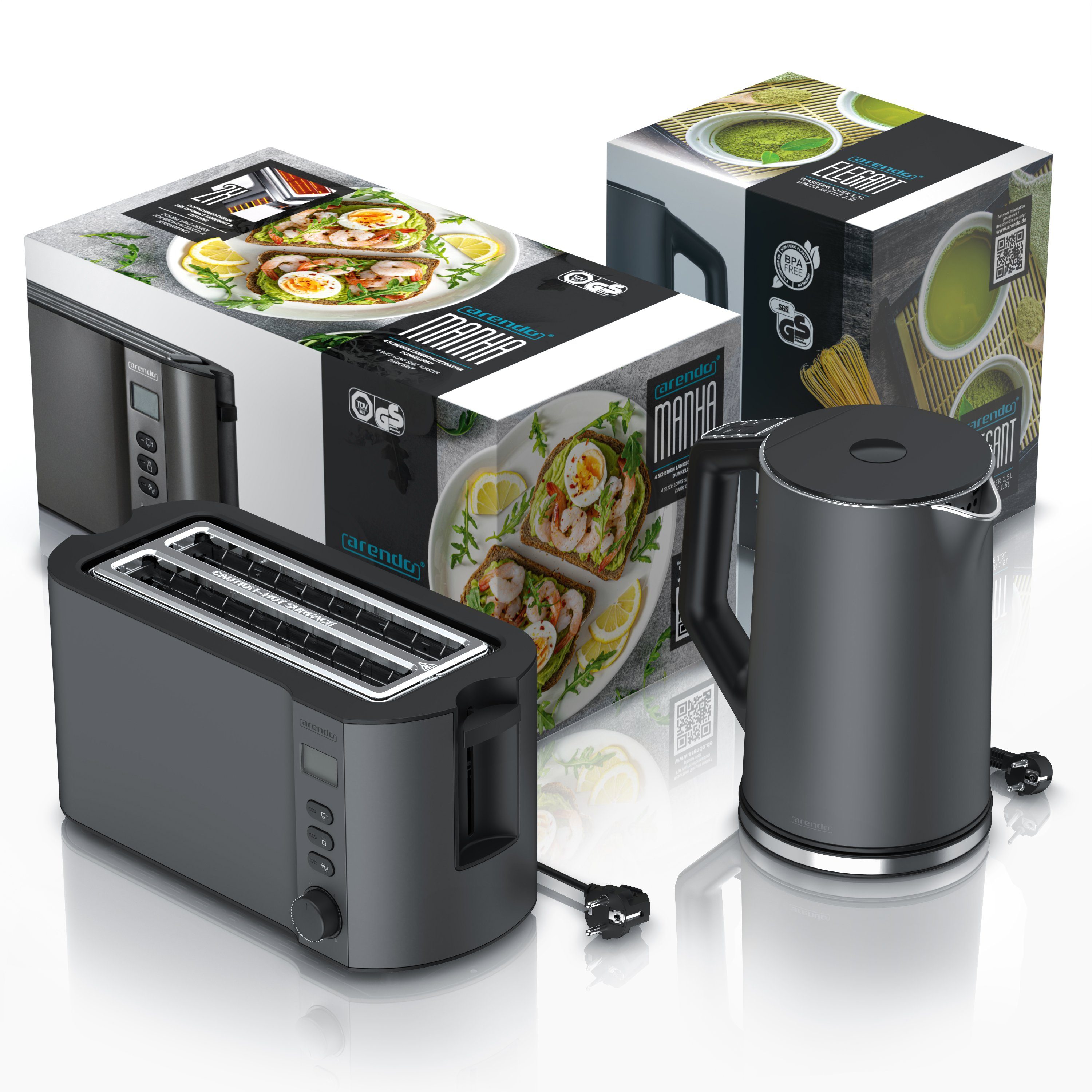 Arendo Frühstücks-Set (2-tlg), Edelstahl Wasserkocher 1,5l, 4-Scheiben Langschlitz Toaster, Grau