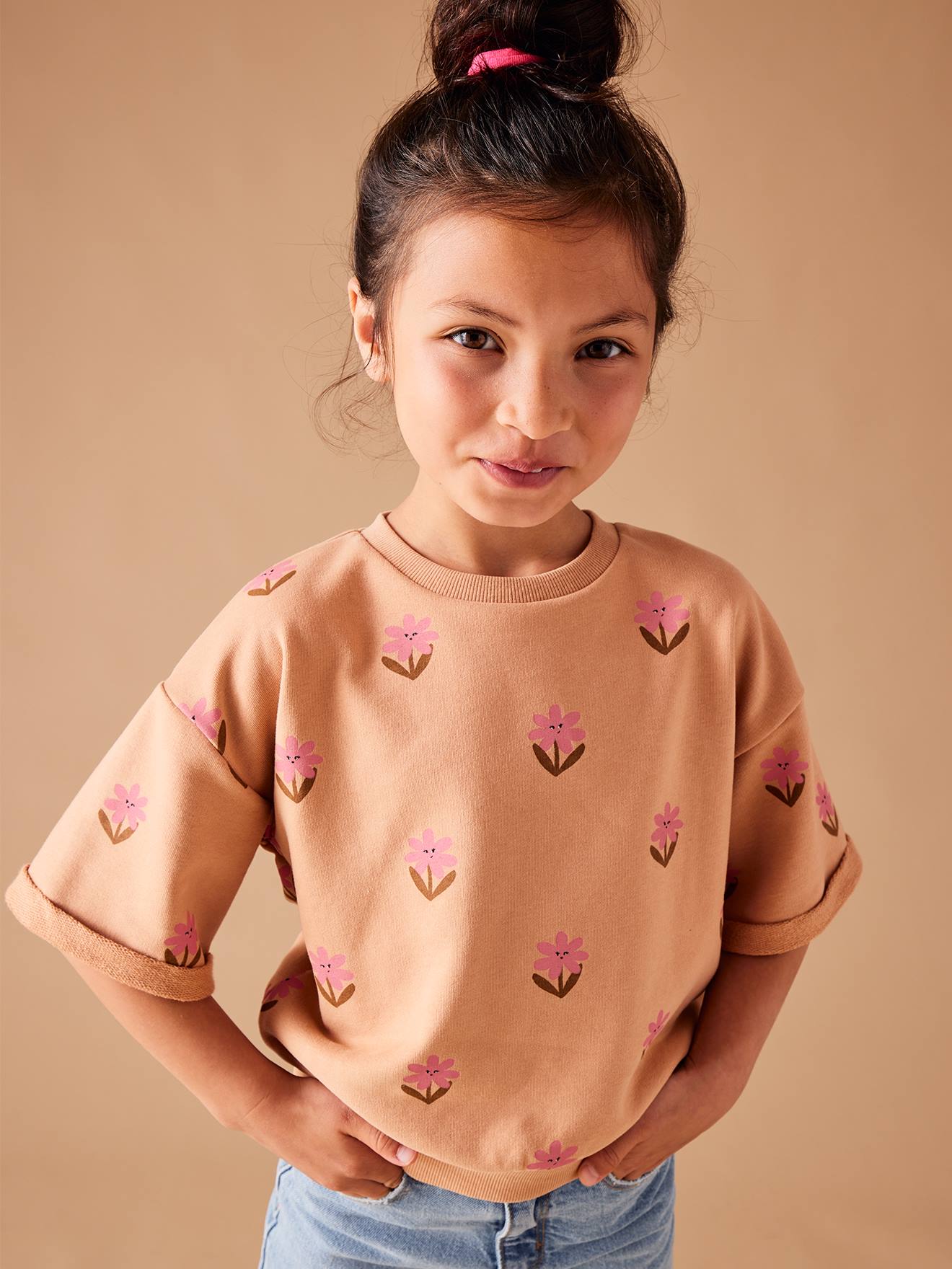 Sweat fleurs pop manches courtes filles pêche