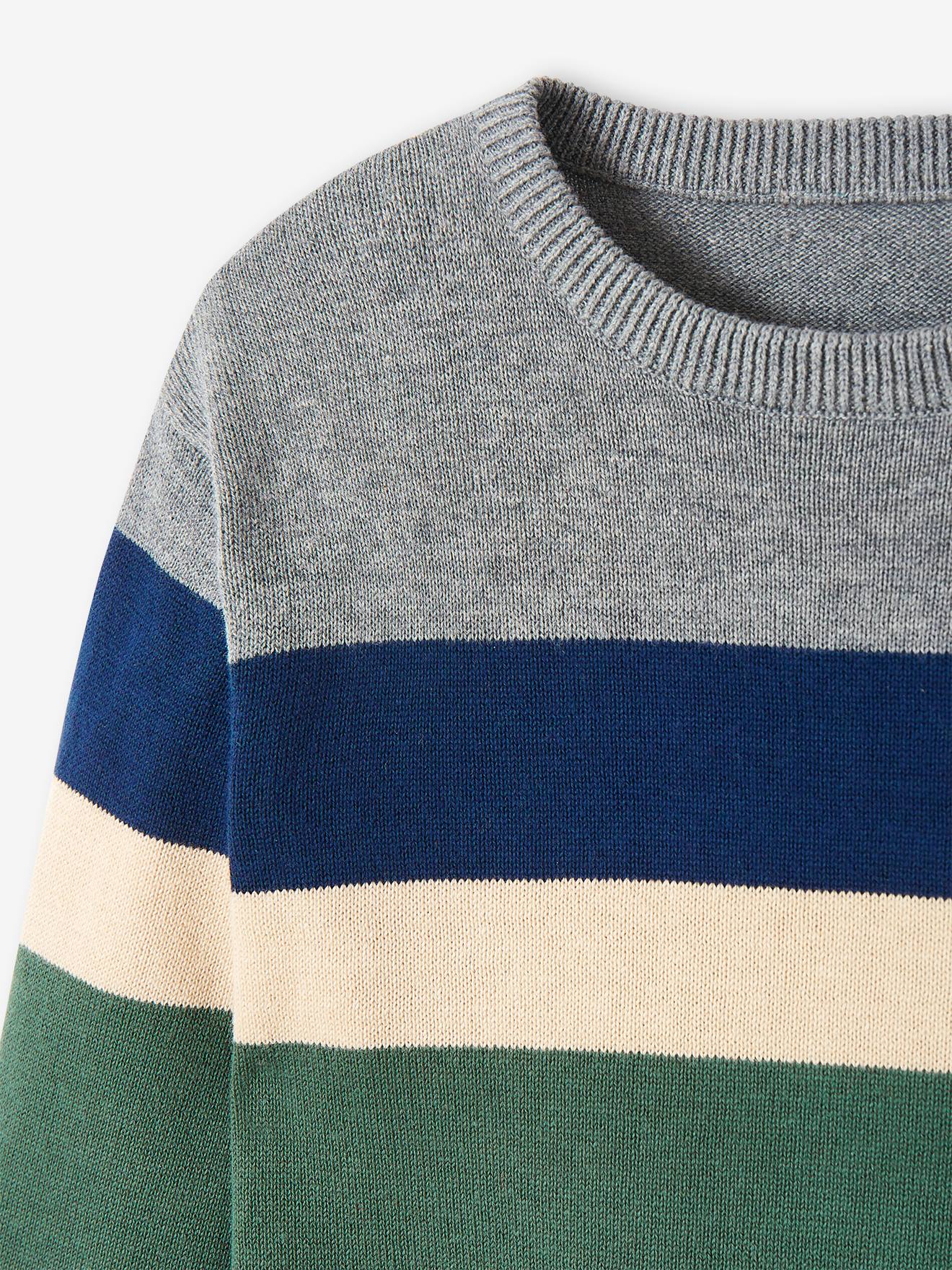 Pull colorblock rayé garçon maille fine raye vert