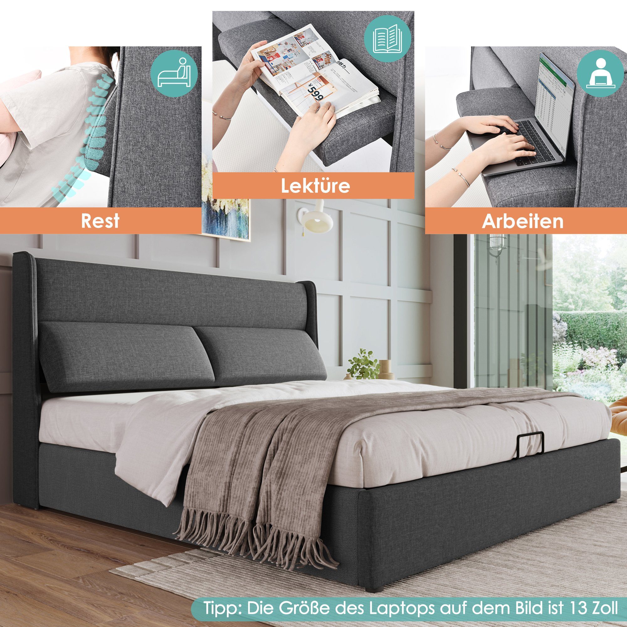 REDOM Polsterbett Doppelbett mit Verstellbare Kopfstützen (140x200 mit lattenrost(Ohne Matratze), Stauraumbetten Bettgestell aus Leinenmateria