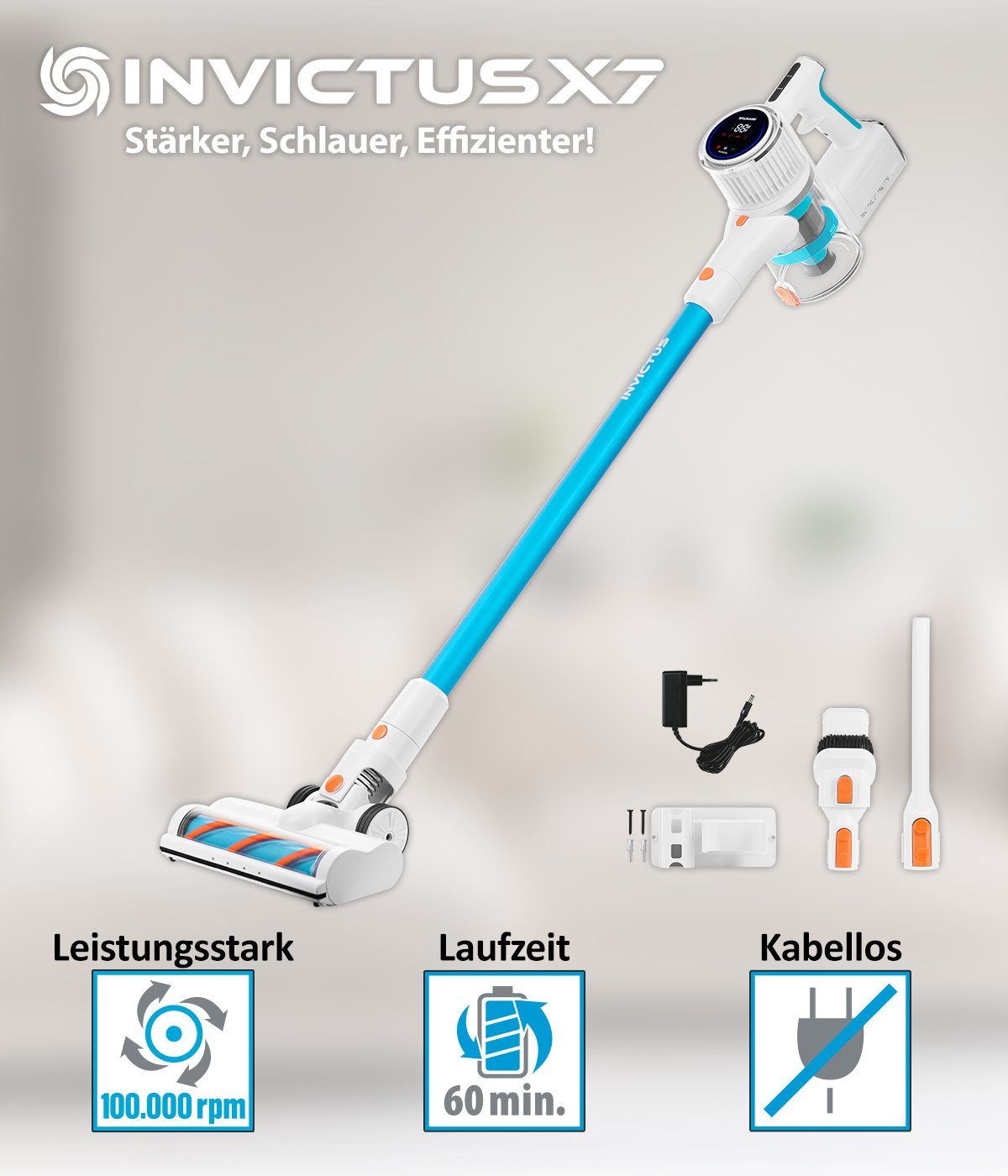 Genius Akku-Hand-und Stielstaubsauger INVICTUS X7 FACELIFT Akkusauger Set 12-tlg. Memory Funktion, 380,00 W, beutellos HEPA Filter, bis zu 60 Min Laufzeit Ultra leicht LED Licht Elektrobürste