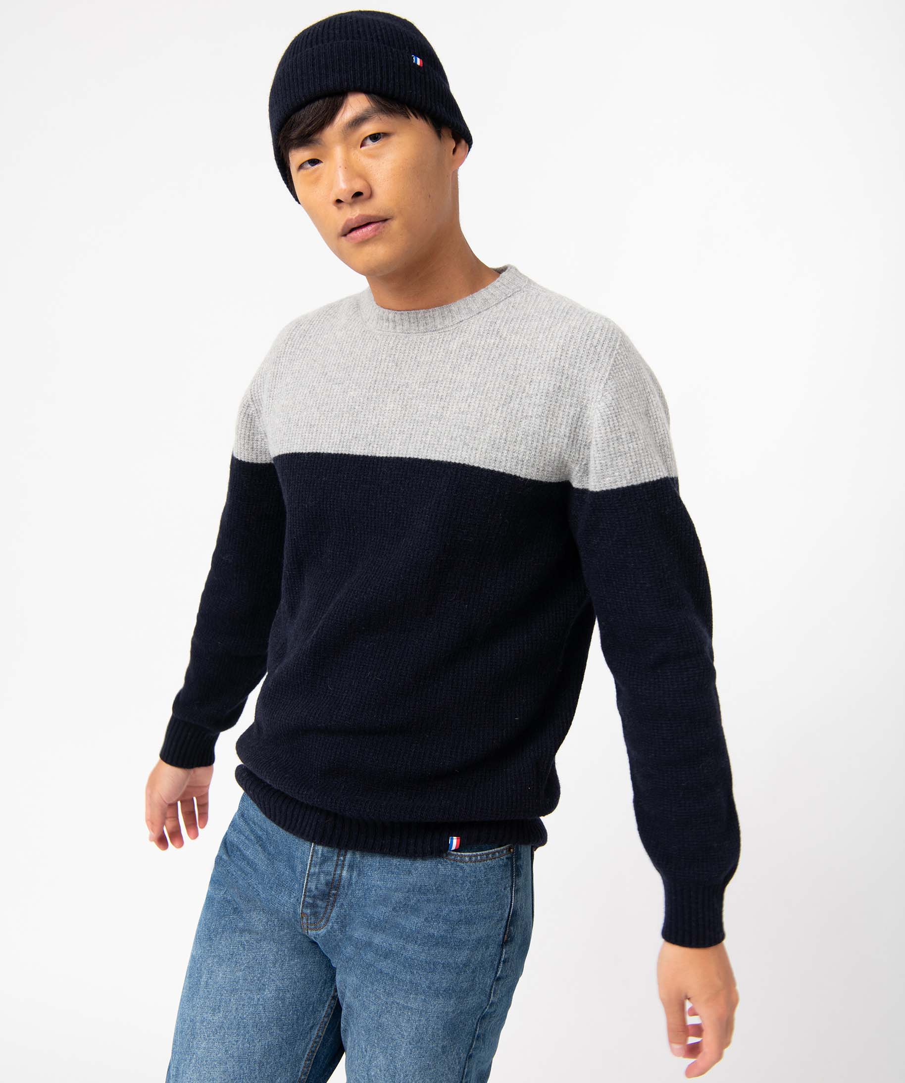 Pull homme bicolore en maille 3D innovante bleu fonce | GEMO
