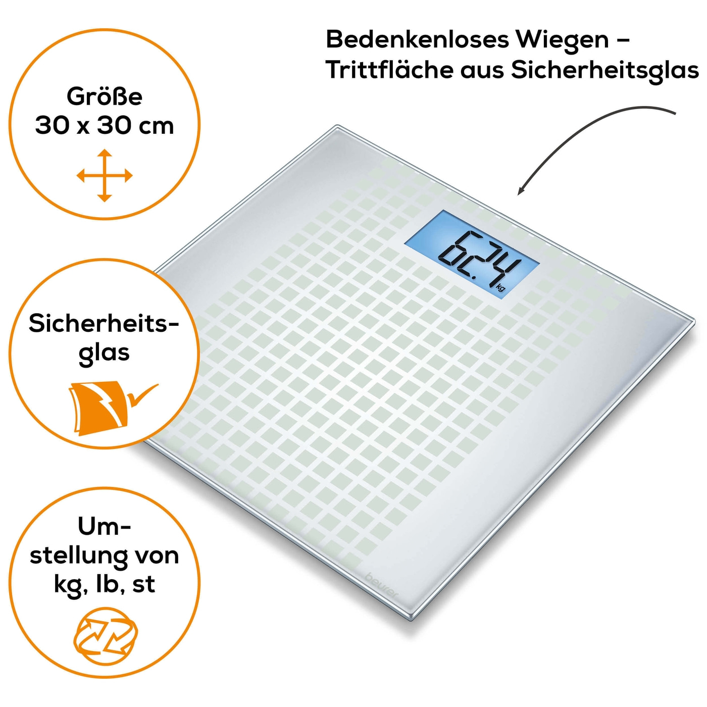 Beurer Glaswaage - GS 206 Squares-Personenwaage aus Glas mit beleuchtetem XL-Display - bis 150 kg