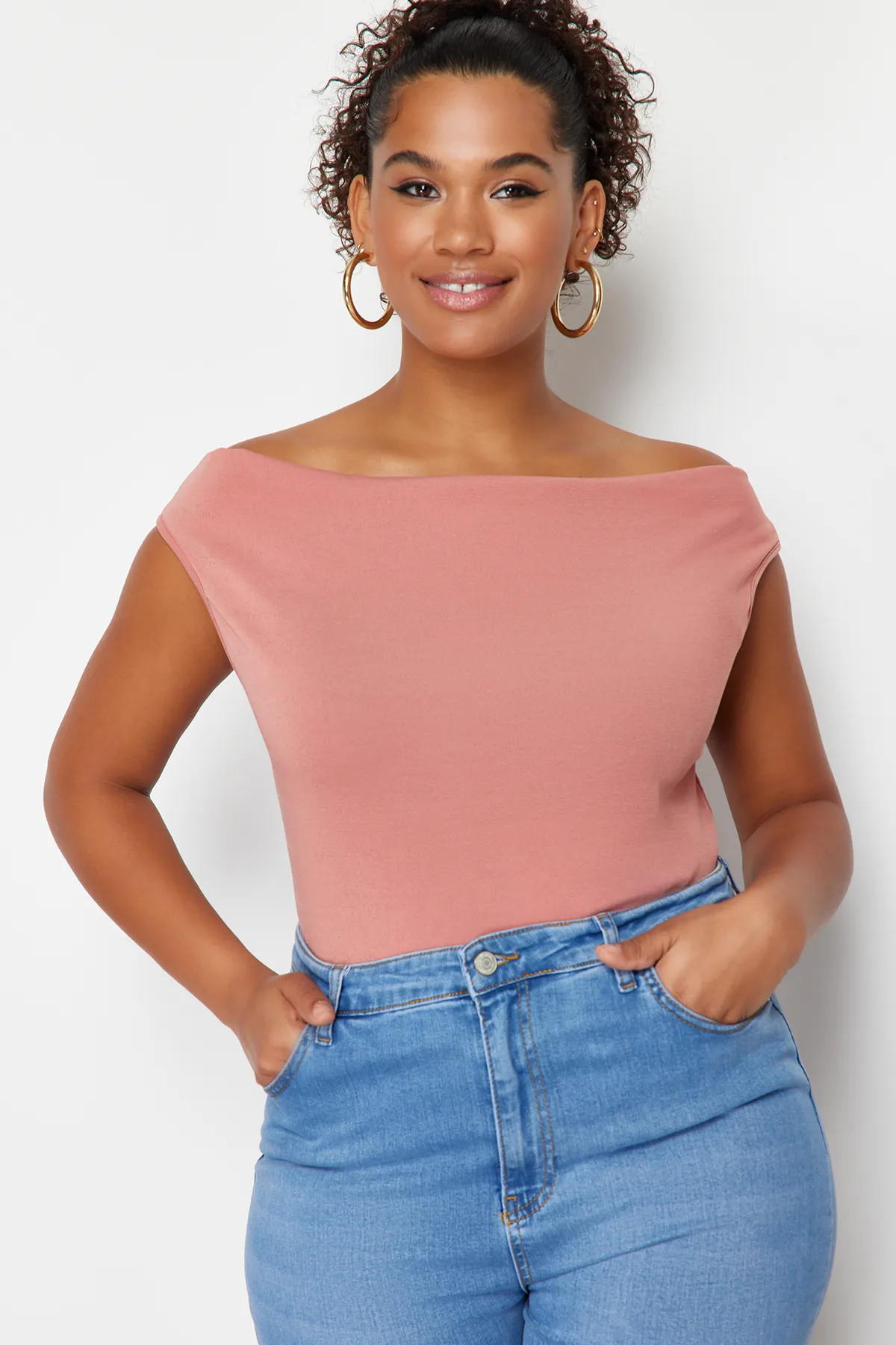Trendyol Curve  Dried Rose Boat Degaje-Kragen-Strickbluse TBBSS24AF00021