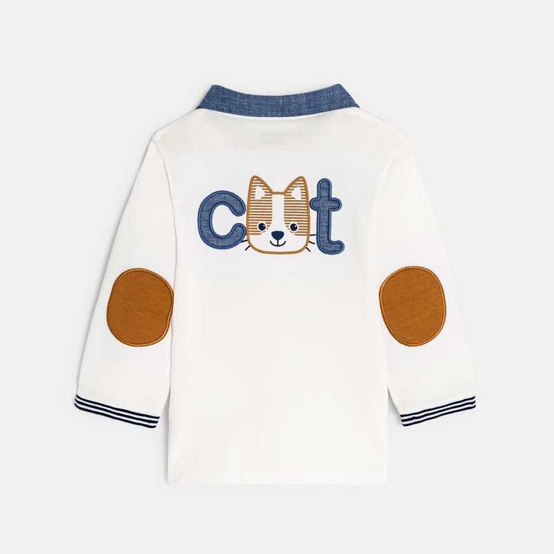 Polo maille piquée broderie chat blanc bébé garçon