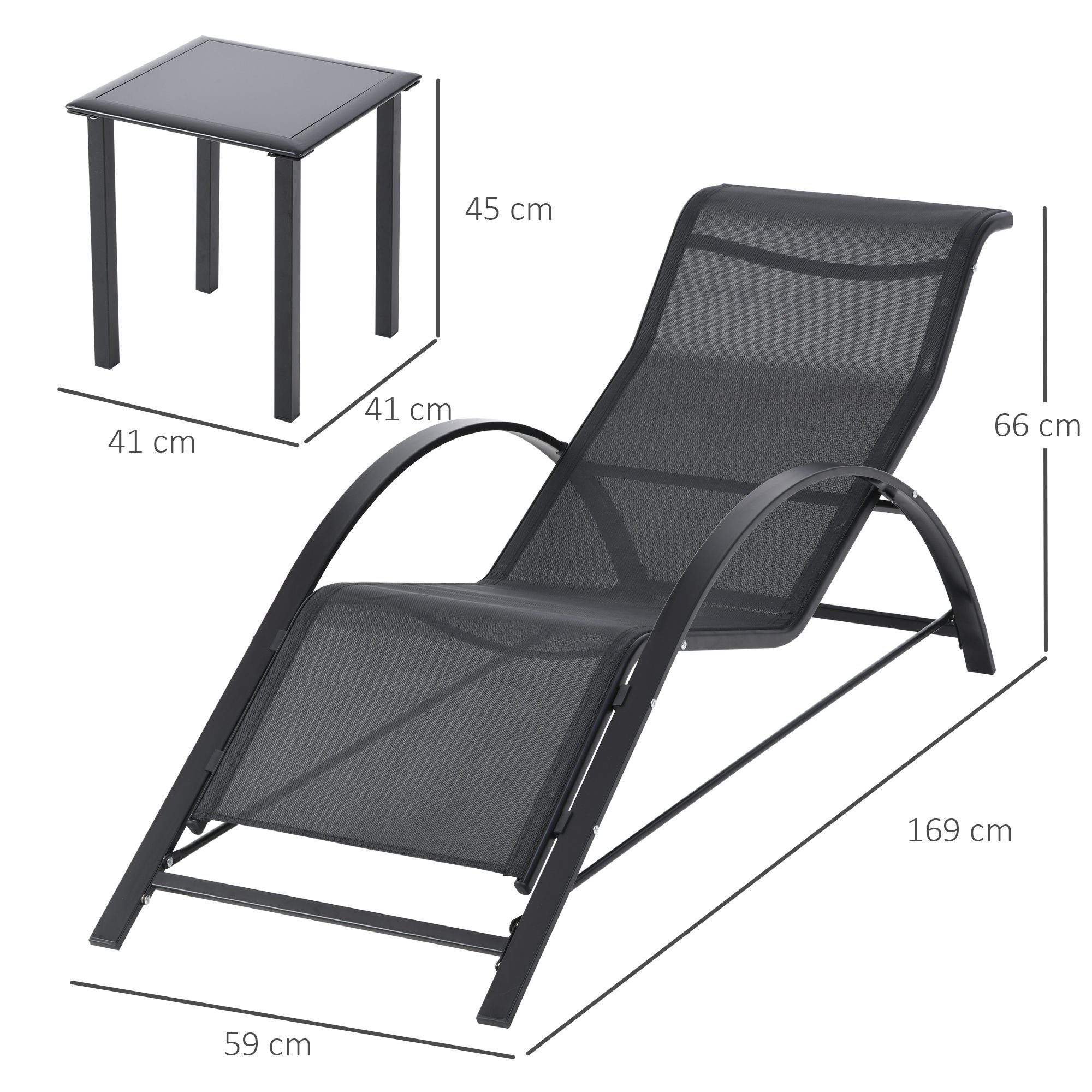 Outsunny Gartenliege Sonnenliege-Set mit Tisch, 2 Liegestühlen, Campingliege, 3 St., Relaxliege, für Balkon, Terrasse, Schwarz