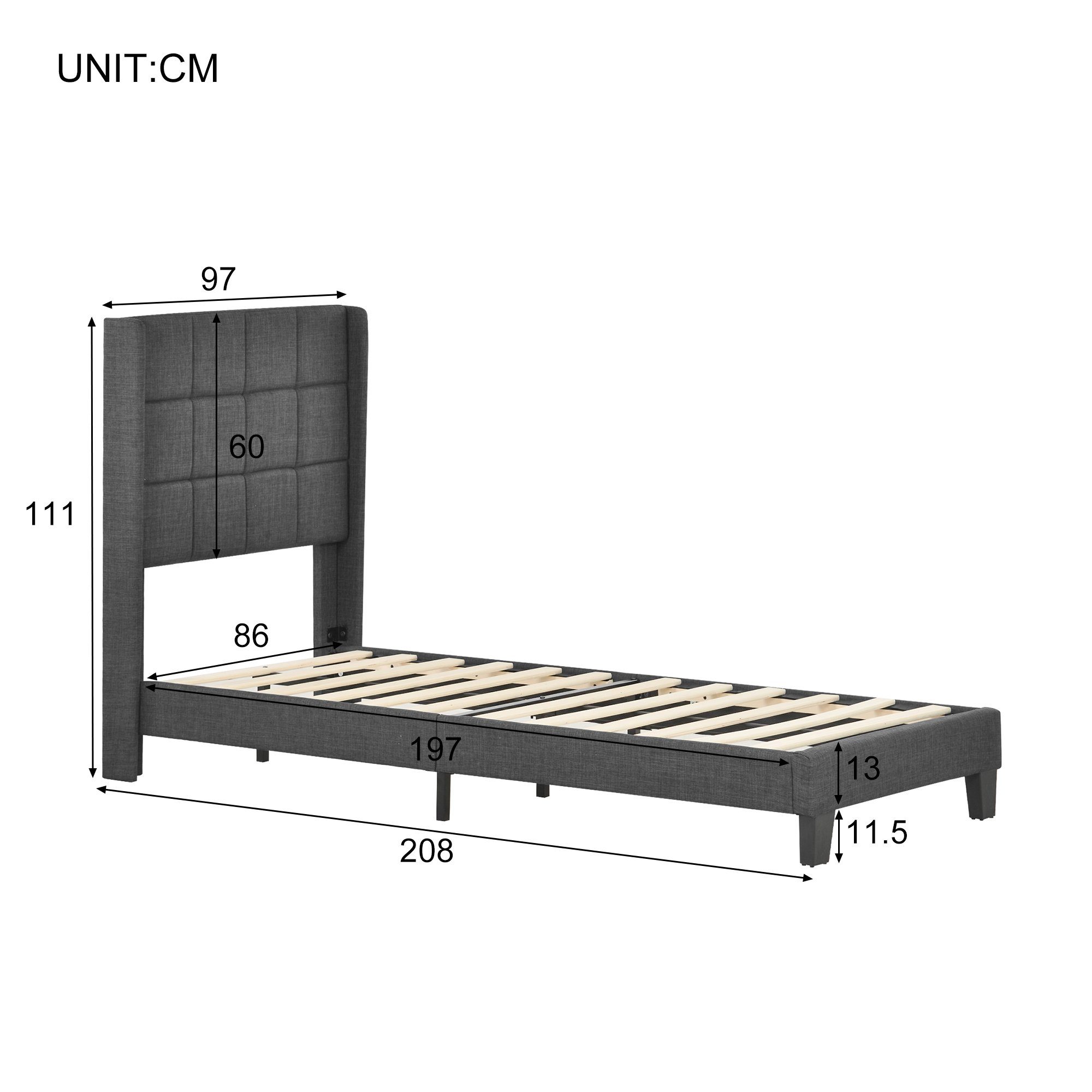 Flieks Polsterbett (1-tlg), Einzelbett Holzbett Leinen 90x200cm ohne Matratze