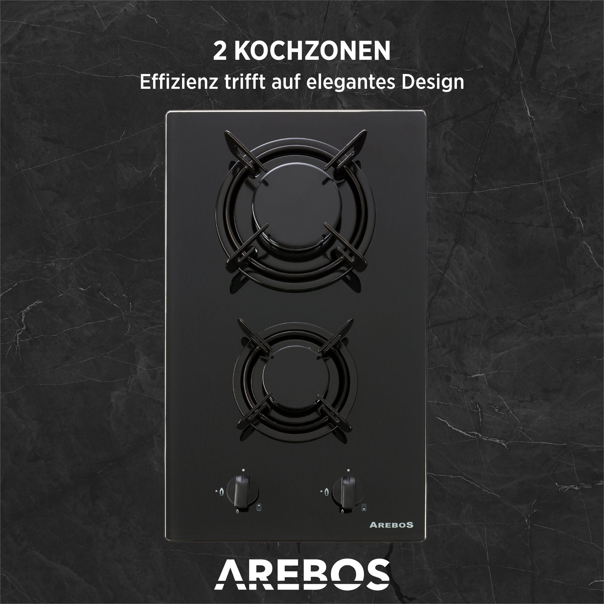 Arebos Gas-Kochfeld Glas 30 cm AR-HE-GH30CM, Geeignet für Erdgas und Propangas, Gaskochfeld Gasherd