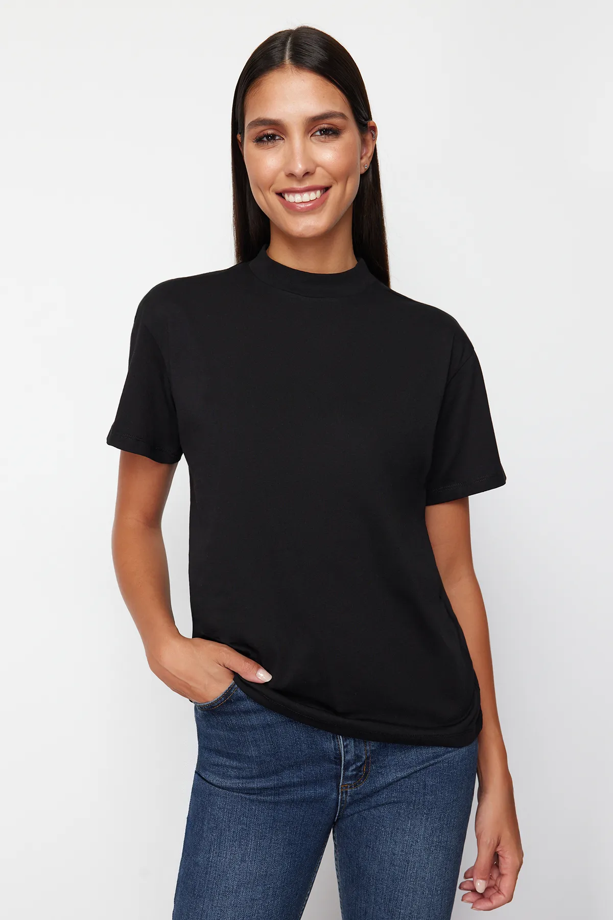 Trendyol Collection  Rosa-schwarzes 2er-Pack 100% Baumwolle Basic Stehkragen Strick TWOSS20TS1500