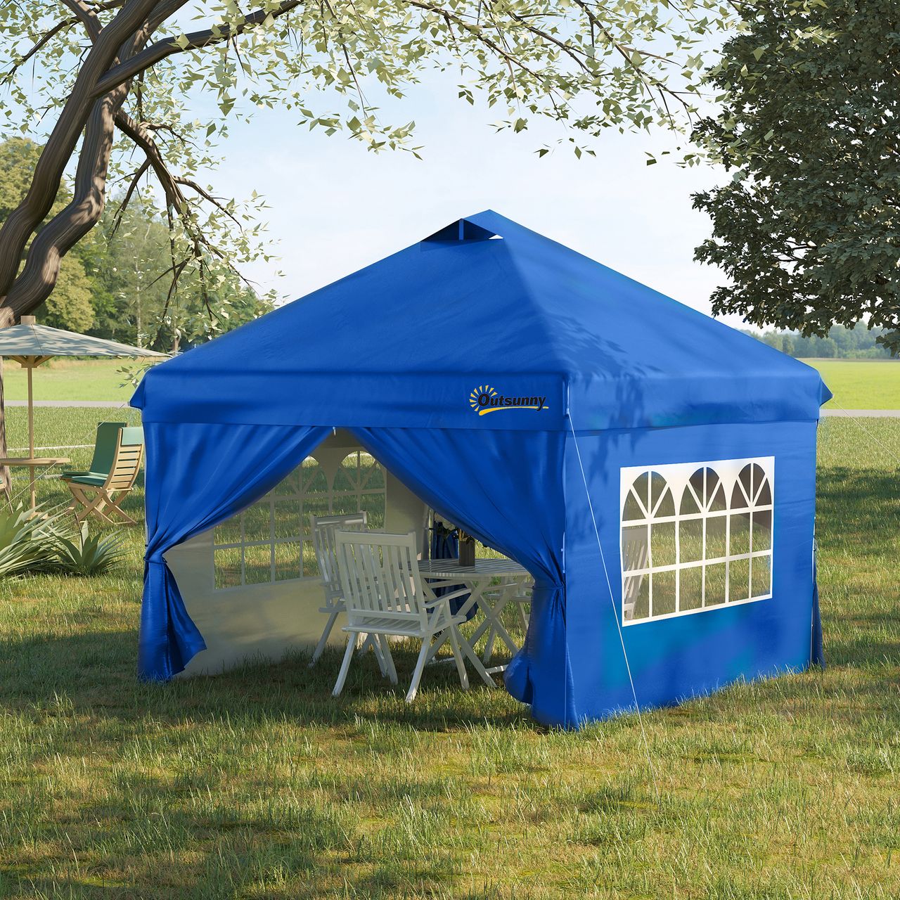 Outsunny Pavillon 3x3m Faltpavillon 4 Seitenwände mit Fenster Tür Festzelt Gartenzelt Pop-Up-Pavillon inkl. Heringe Abspannseile Tragetasche Metall Oxford Blau