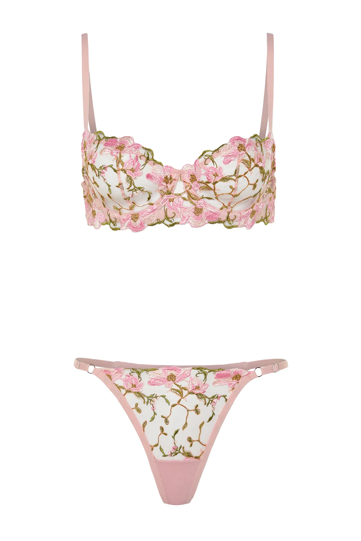 Trendyol Collection  Rosa florales, gestricktes Dessous-Set mit Kordelriemen und ohne Kappe THMSS24CC00011