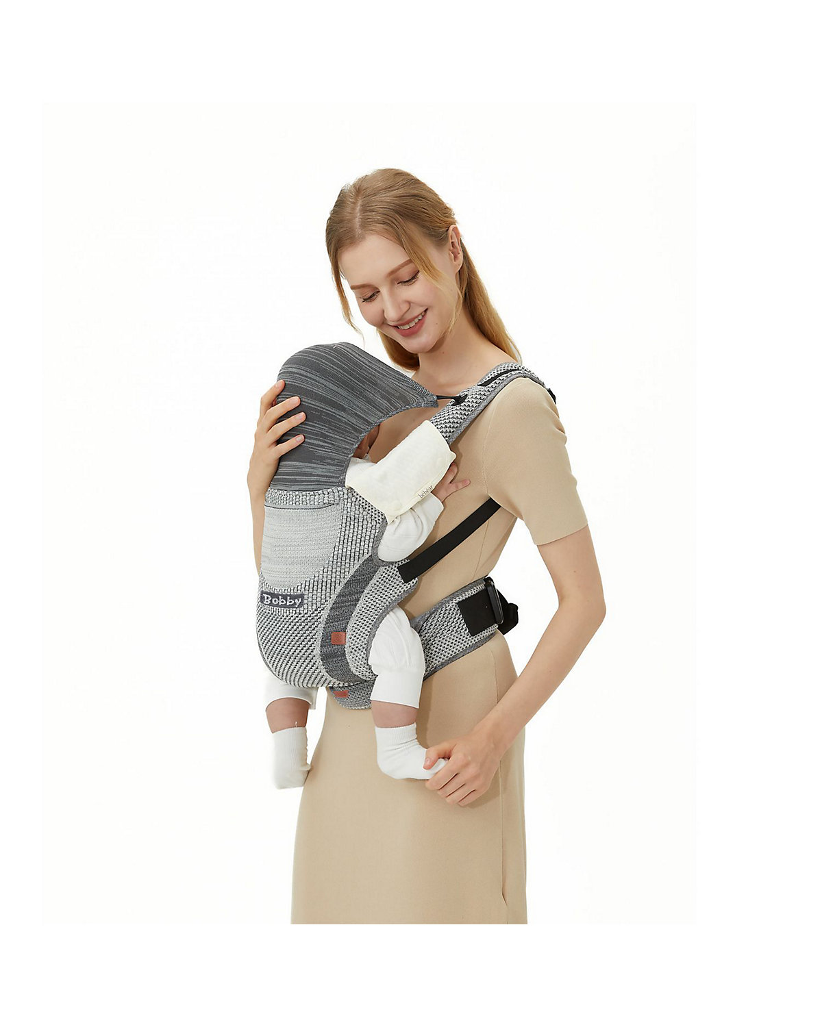 Babytrage Bobby Fly Strickstoff 3 in 1, Bauch- Rückentrage, Hüftsitz Babytragen