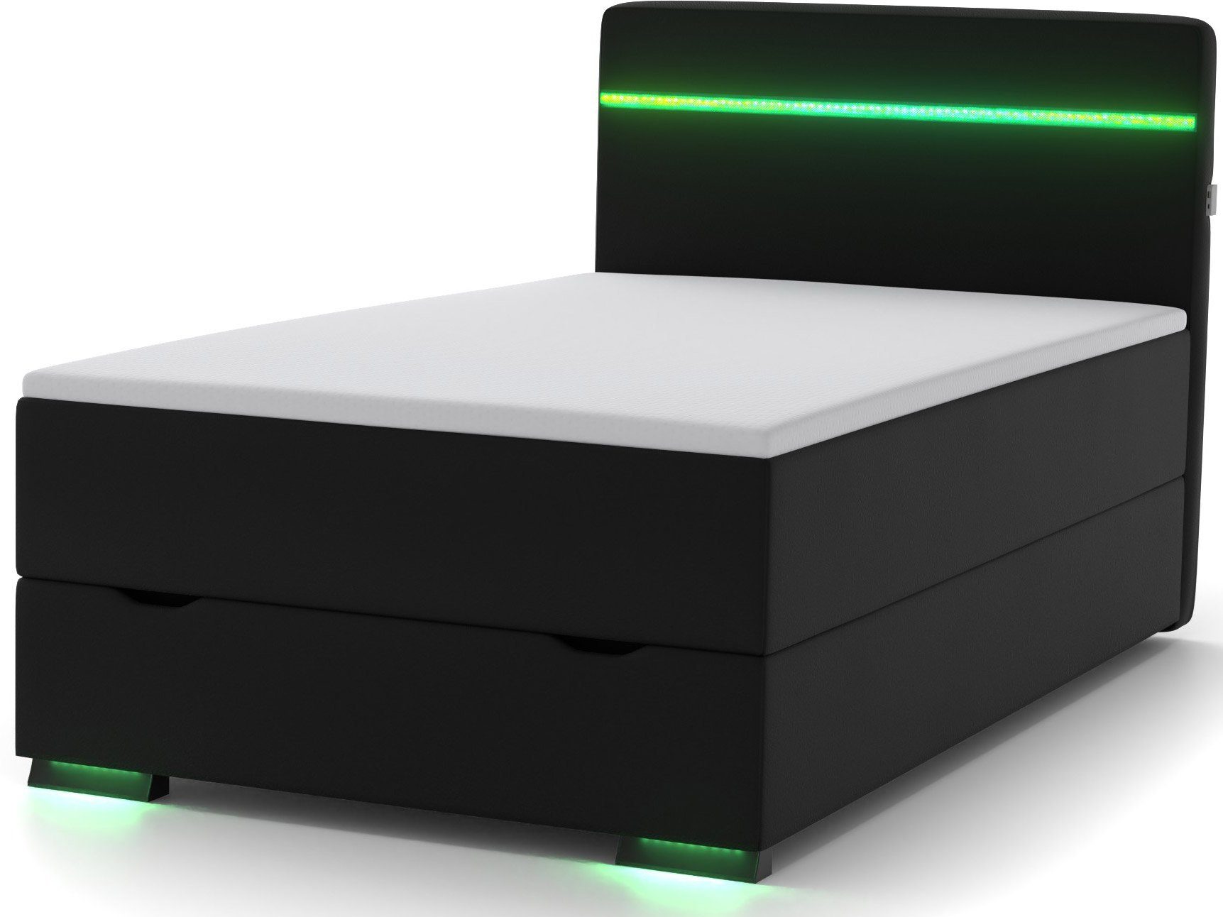 wonello Boxspringbett Ontario, mit Bettkasten, LED-Beleuchtung, 2x USB-Anschluss und Topper