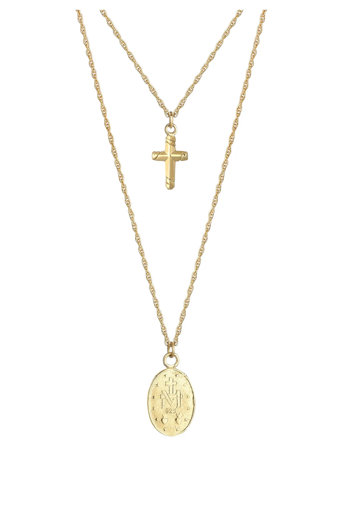 ELLI  Halskette Layering Kreuz Marienbild Zweireihig 925 Silber