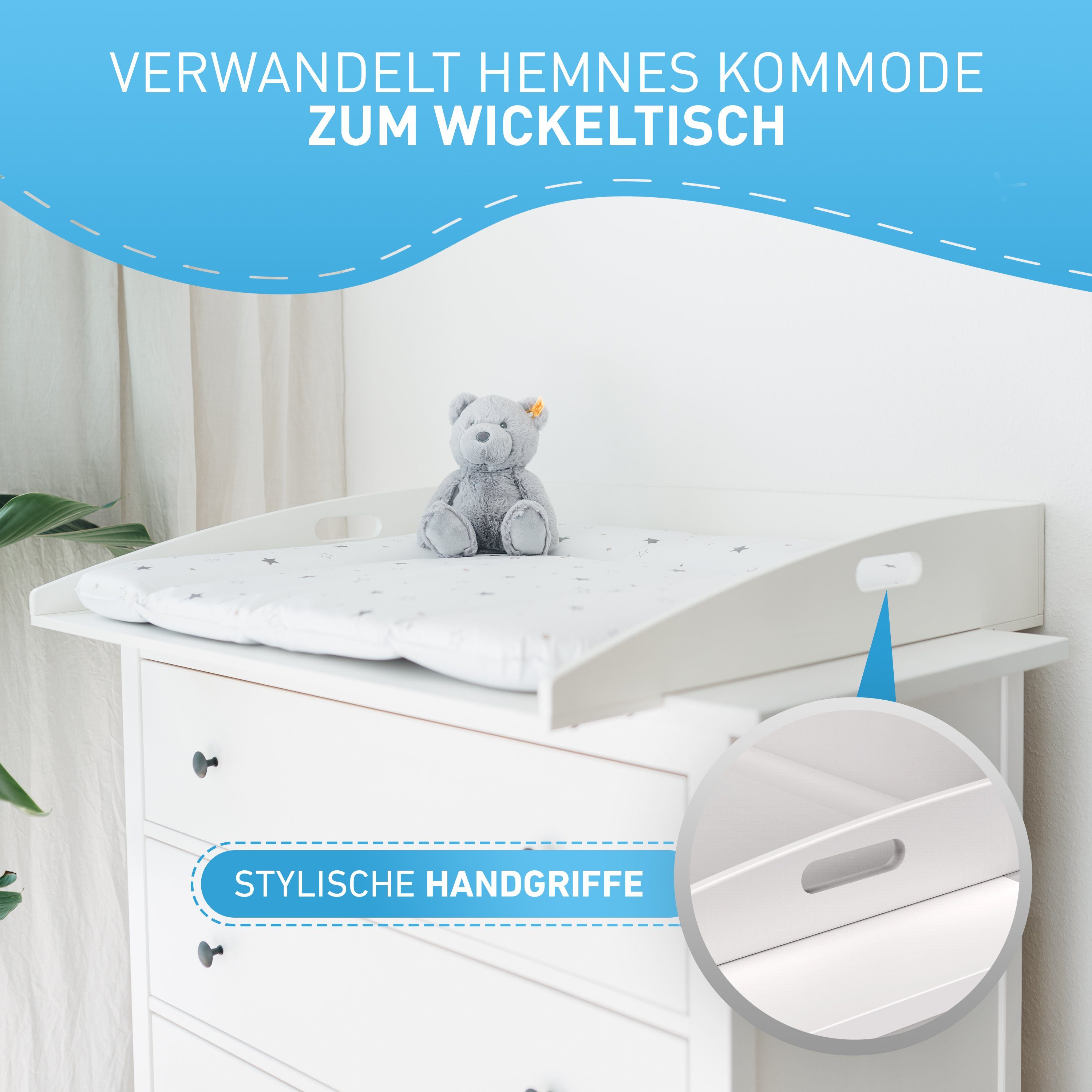 FLIPLINE® Wickelaufsatz für IKEA Hemnes Kommode [85x75x13cm], INKL. 2-Stufen-Sicherheit an Wand und Kommode