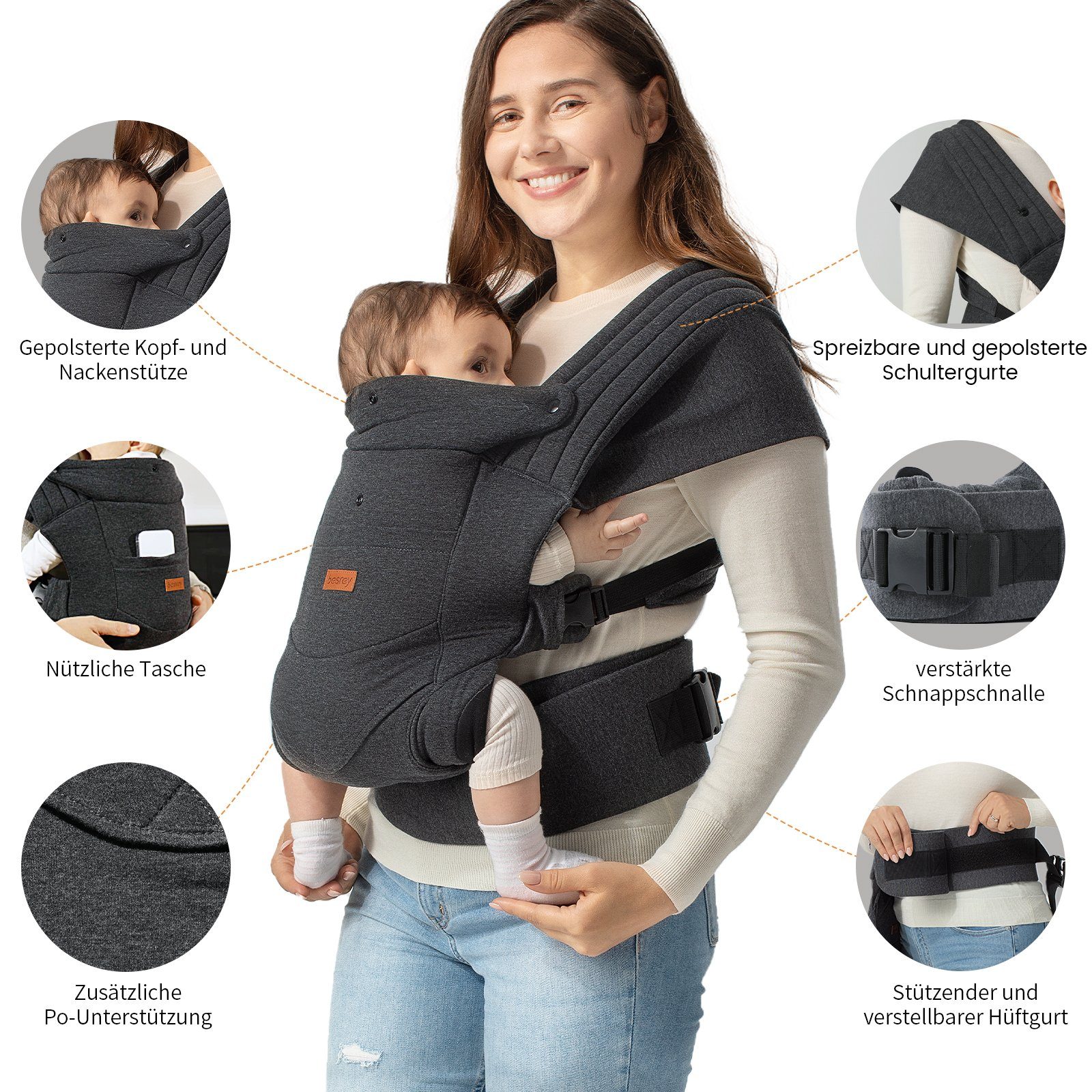 besrey Babytrage babytrage Wrap Bauchtrage für Babys & Kleinkinder bis zu 11kg, Winter Komfort Träger