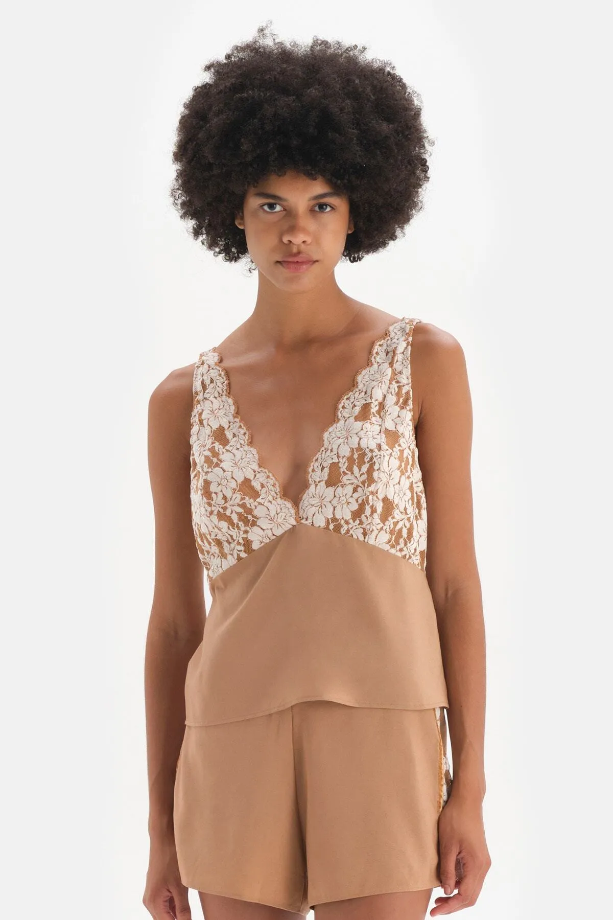 Dagi  Braunes, gerüschtes, gewebtes Camisole mit Samtstreifen und detaillierten Details
