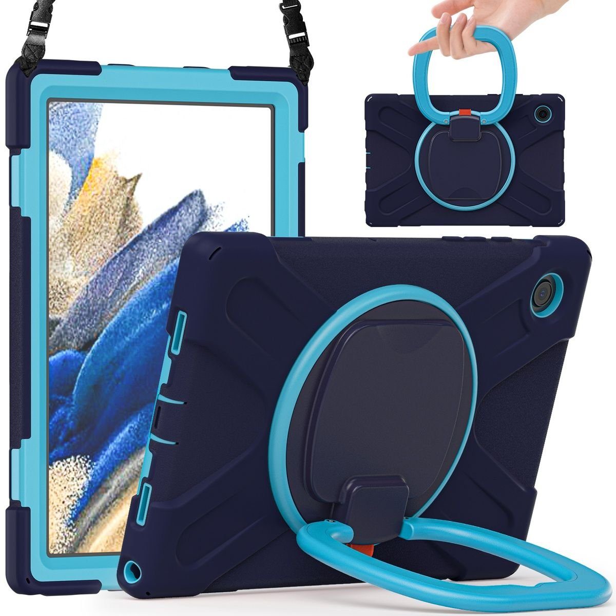 Wigento Tablet-Hülle Für Samsung Galaxy Tab A8 2021 Outdoor Hybrid Dunkelblau Trage Gurt